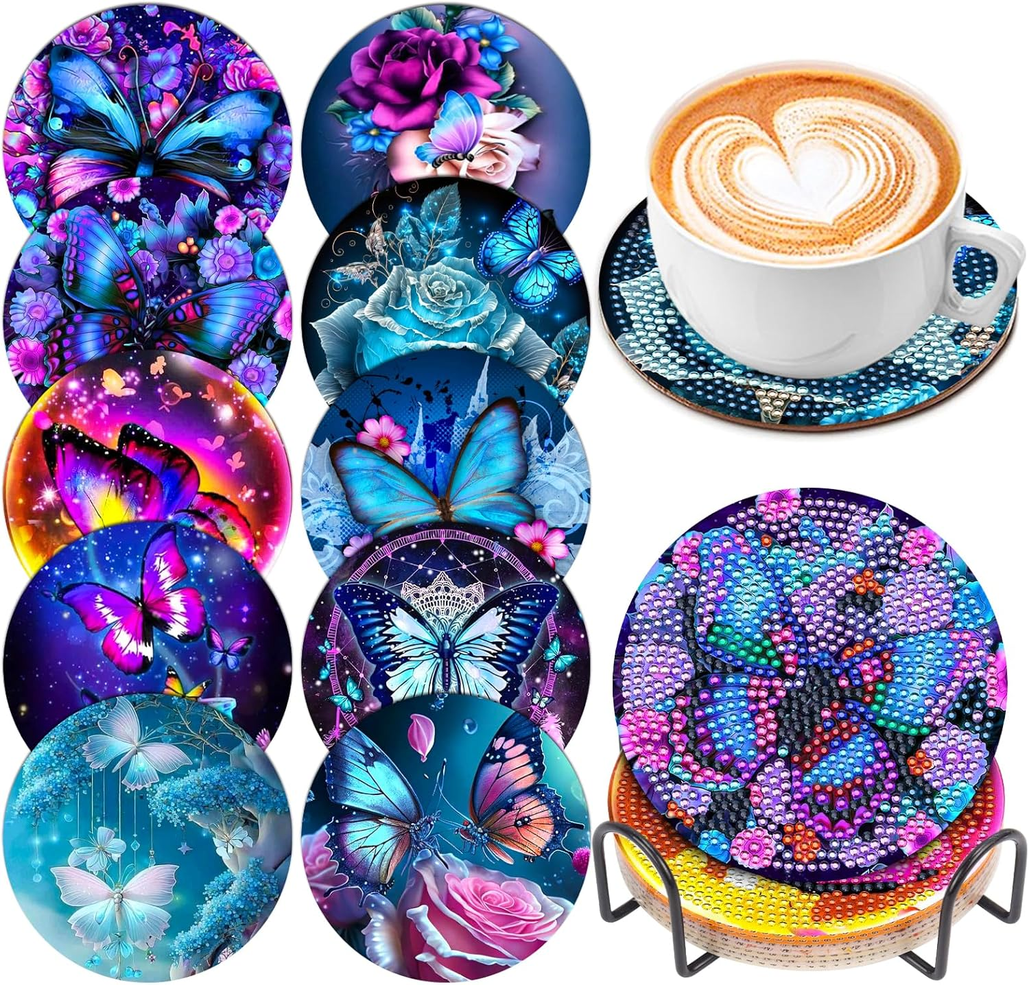 8 Pcs Diamond Art Painting Coasters with Holder, DIY Blue Watercolor Flowers Diamond Art Painting Kits for Beginners, Gift