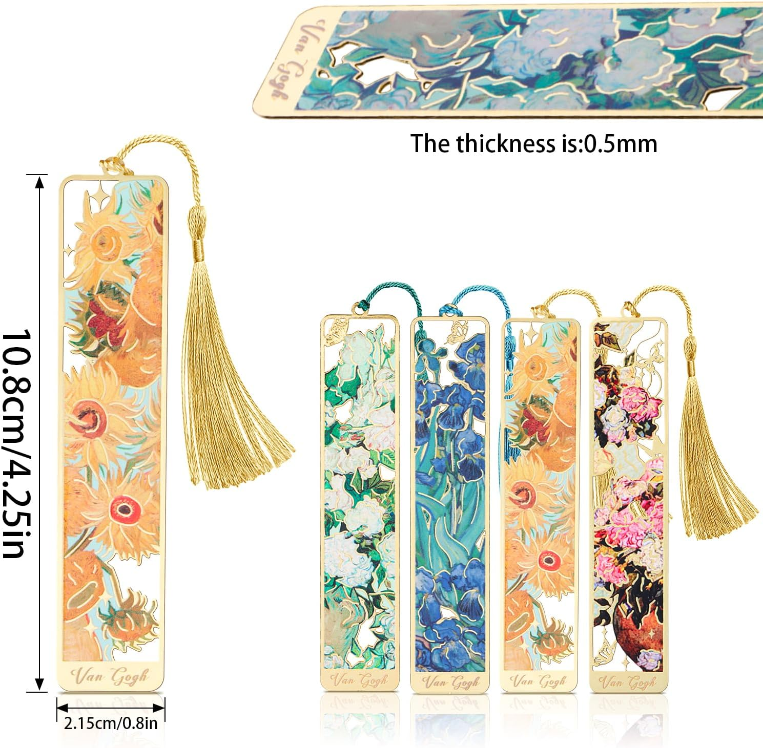 4 Metal Bookmarks with Tassels, Golden Hollow, Van Gogh Oil Painting Theme, for Book Lovers, Writers, Readers (Children, Teens, Adults)