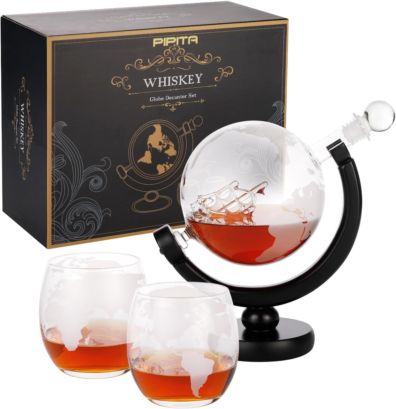 28.7Oz Globe Whiskey Decanter Set with 2 Glasses, Liquor Decanter Set, Unique Christmas Birthday Gift Idea for Men Dad, Cool Christmas Stuff for Him Husband, Dispenser for Bar Drinking Party image number 1