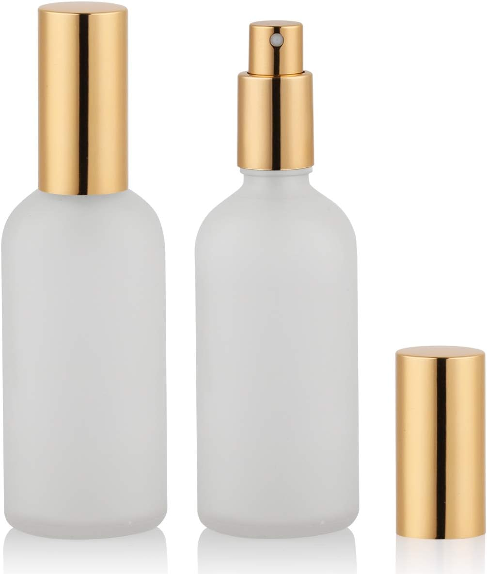Glass Spray Bottle 3.4Oz, Empty Frosted Perfume Atomizer, Fine Mist Spray,Gold Sprayer (2 PACK)