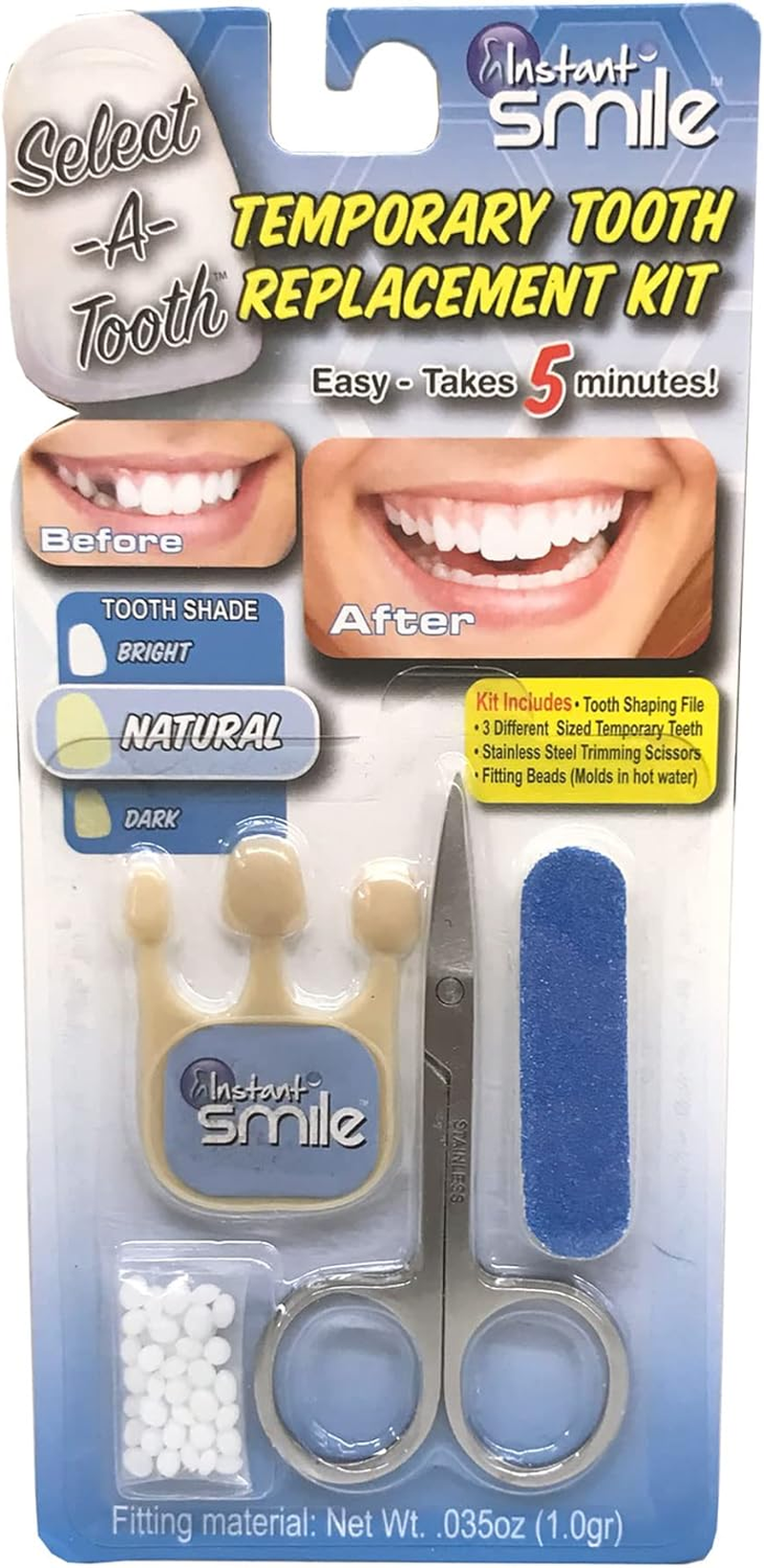 Instant Smile Temporary Tooth Replacement Kit - Natural Shade, with Extra Thermal Fitting Beads