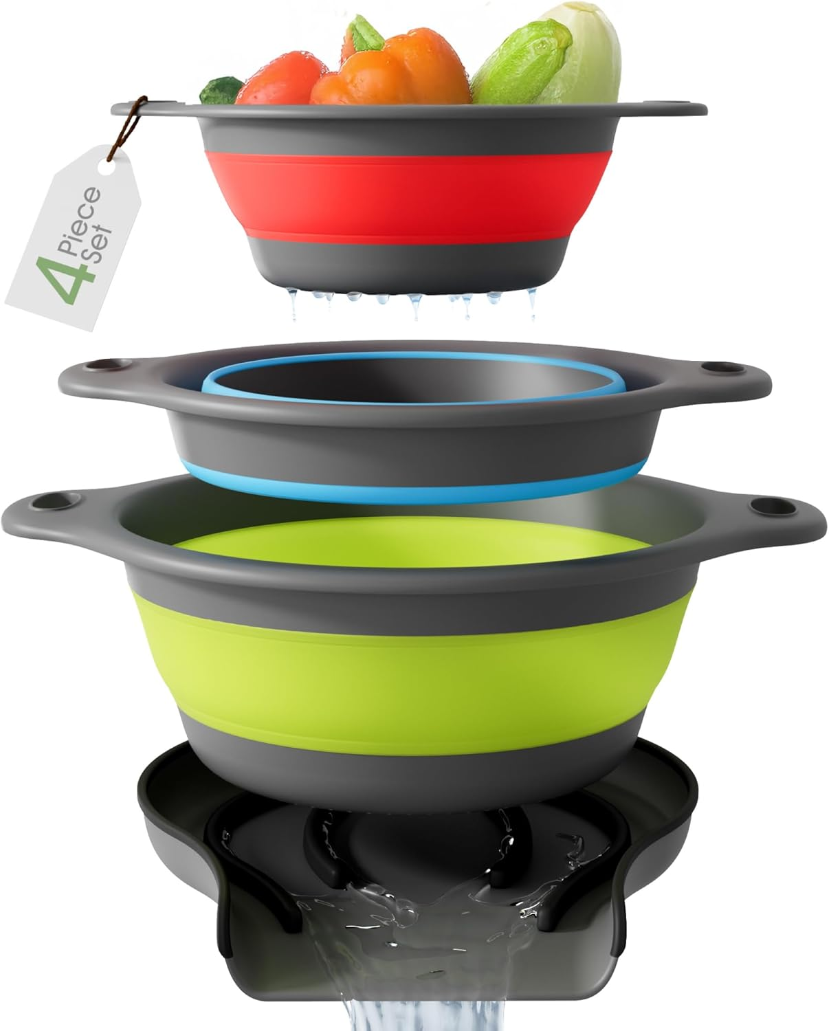 Gevoli Collapsible Colanders with Self-Draining Base for Edge of Sink, Food Strainers (Small/Med/Large), Nested Design for Easy Storage (Red, Blue, Green) (4PC Set)