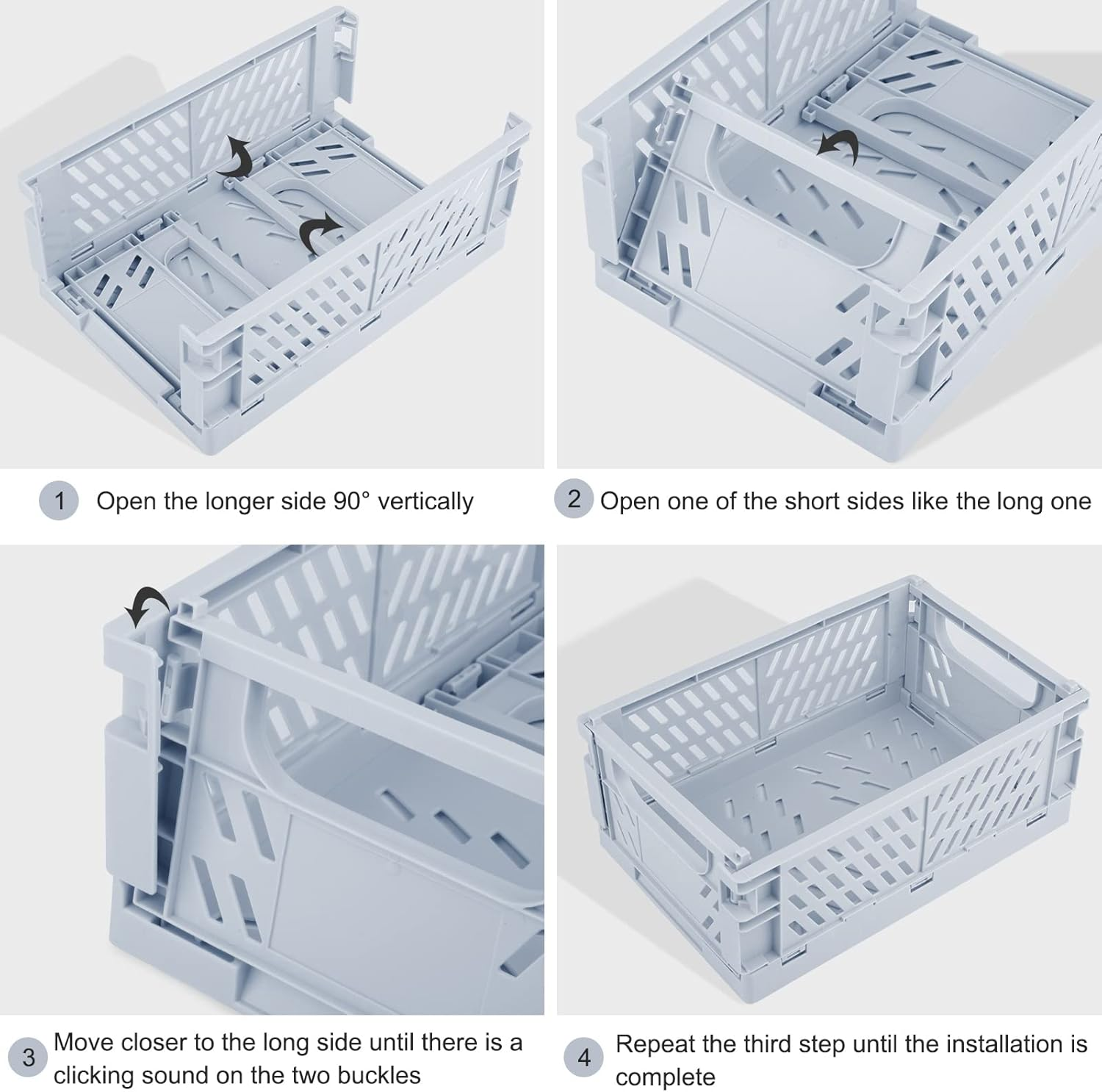 Weraher Plastic Storage Baskets for Desk Organizing, Office Drawer Organizer, 2 Medium+2 Small Durable Folding Storage Crate for Home Kitchen Classroom Office Bedroom and Bathroom Storage (Blue)
