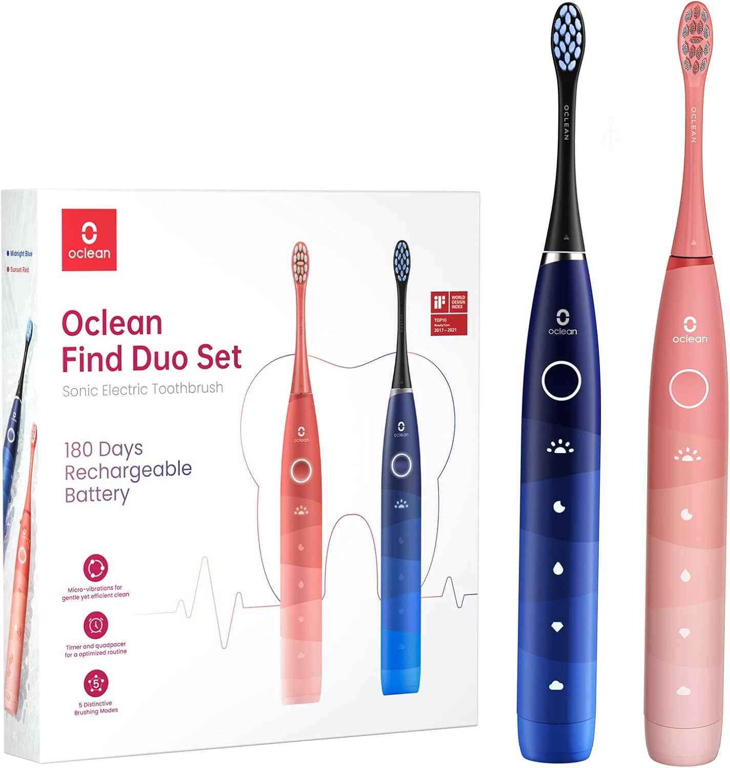 Oclean Flow Sonic Electric Toothbrush &ndash; 180-Day Battery, 5 Modes, Dupont Brush Head, Timer, IPX7 Waterproof &ndash; Oral Hygiene - White