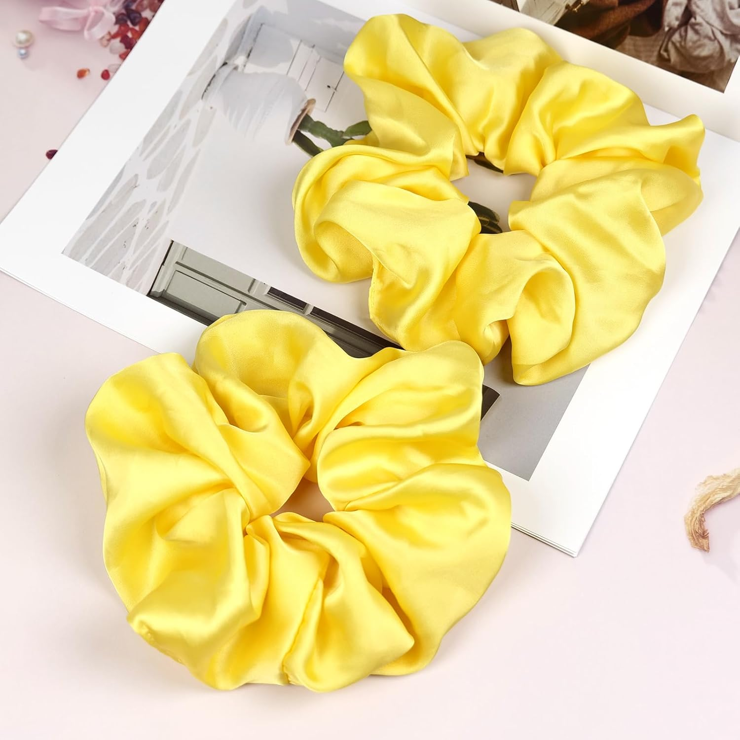 Oversized Satin Scrunchies for Women - 2 Pack Extra Large Hair Ties Accessories, Big Silk-Like Ponytail Holders, No-Damage Elastic Bands for Thick Curly Hair, Light Pink image number 6