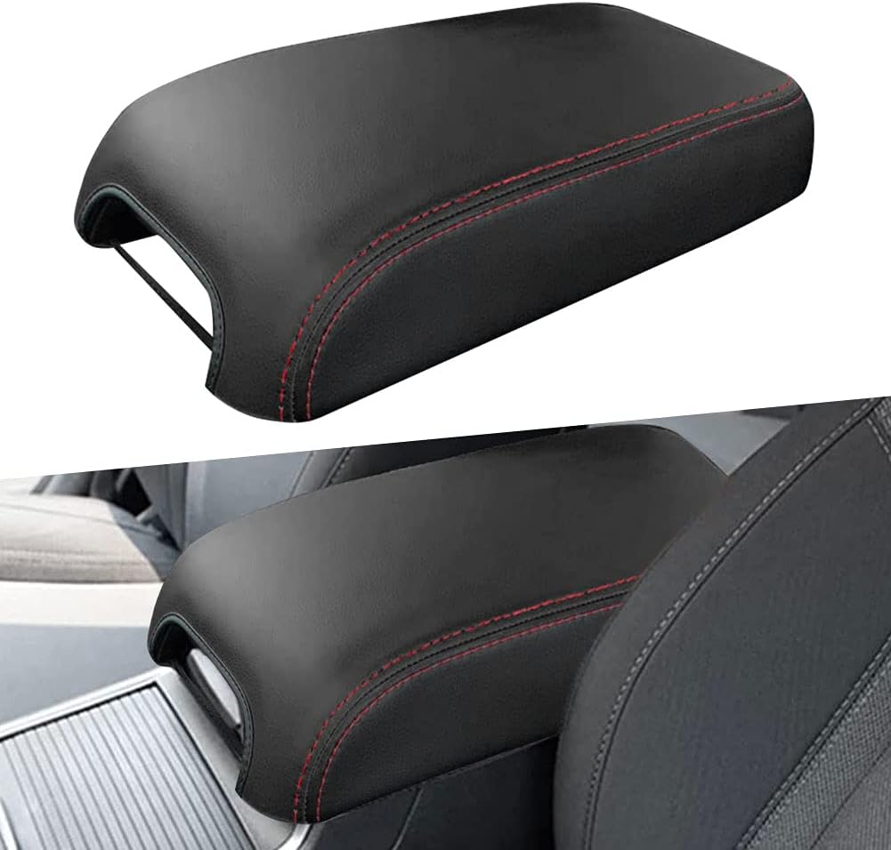 Sportuli Center Console Cover Anti-Scratch Leather Armrest Cover Replace for 2011-2023 2024 Dodge Charger Chrysler 300 300C (Black Stitches)