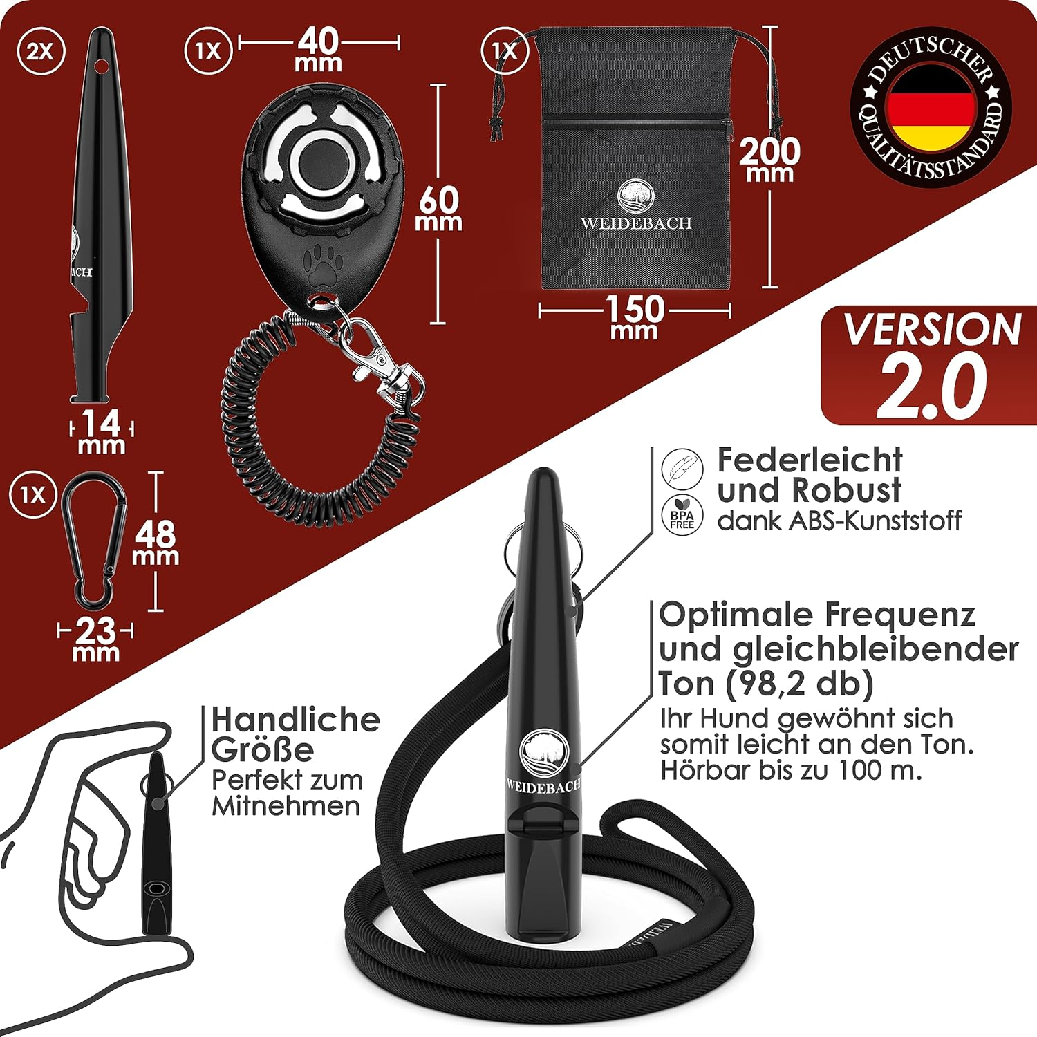 WEIDEBACH&reg; 2 X Improved Dog Whistle 2.0 with More Stable & Louder Sound, Includes Clicker, Treat Bag and E-Book for Training with Dog, Standardised, Quality Band & Mouthpiece, Successful Recall image number 4