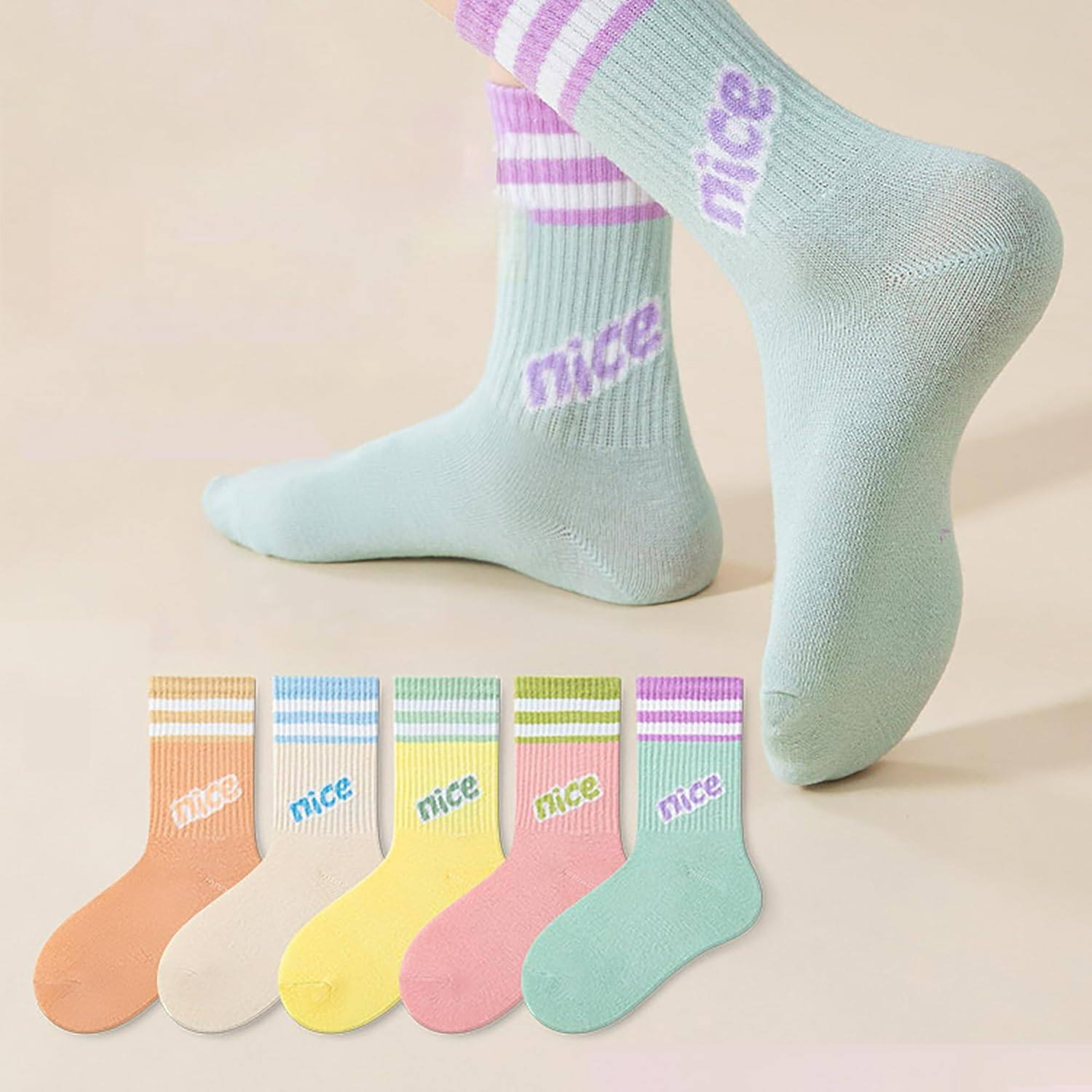 Zzxlw Girls' Socks Colourful Knitted Athletic Fashion White Double Stripes Socks 10 Pairs Soft & Elastic for Children Dopamine Colour Block Design 3-12 Years image number 2