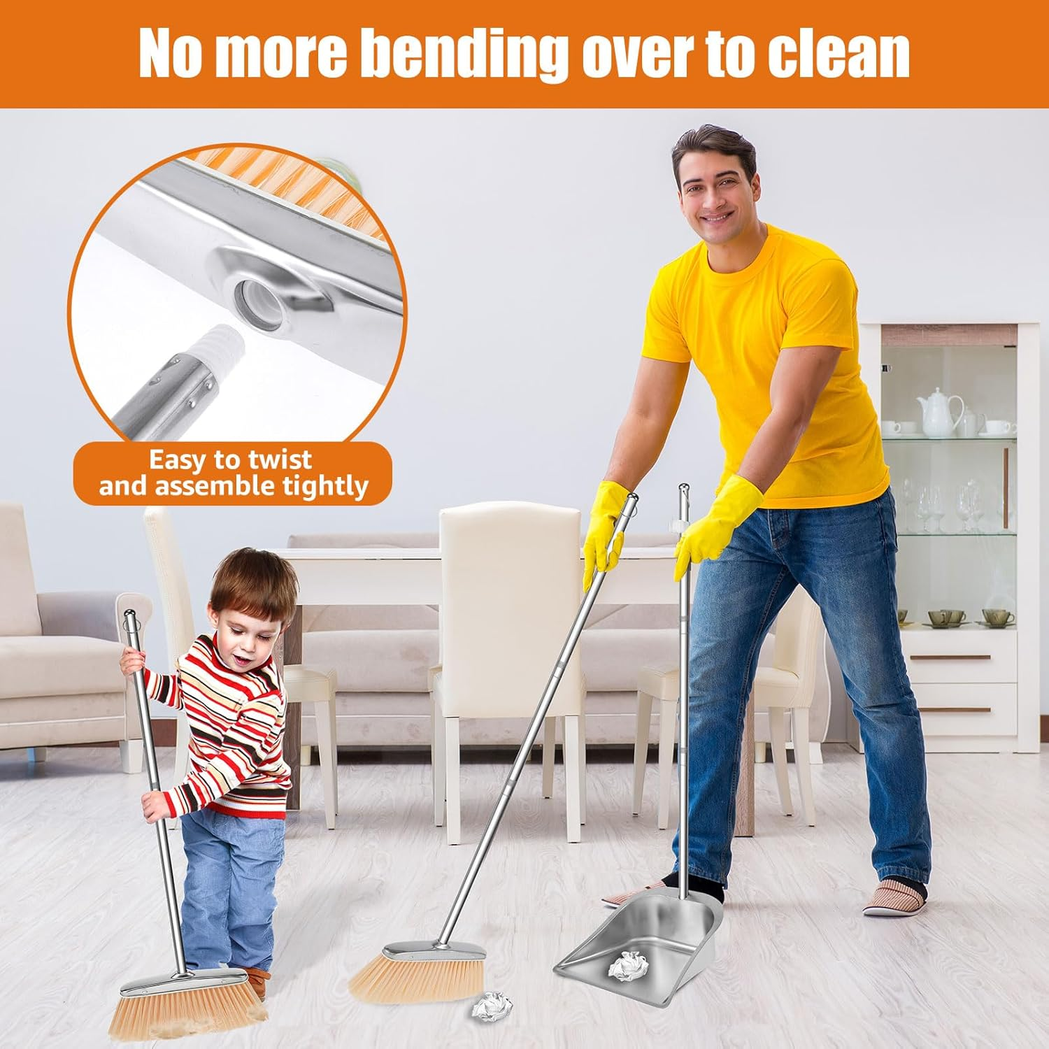 Broom and Dustpan Set Stainless Steel Upright Broom Dustpans with Long Handle Heavy Duty Dustpan Broom Combo Set Portable Sweeper and Dustpan Set for Home Office Dorm (Square) - Square image number 3