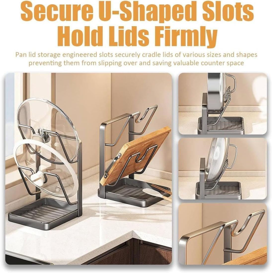 Kitchen Pot Lid Storage Rack, Pot Lid Holder with Tray, Lid Holder While Cooking, Lid and Spoon Rest, Multifunctional Kitchen Organizer Stand for Stove Top image number 2