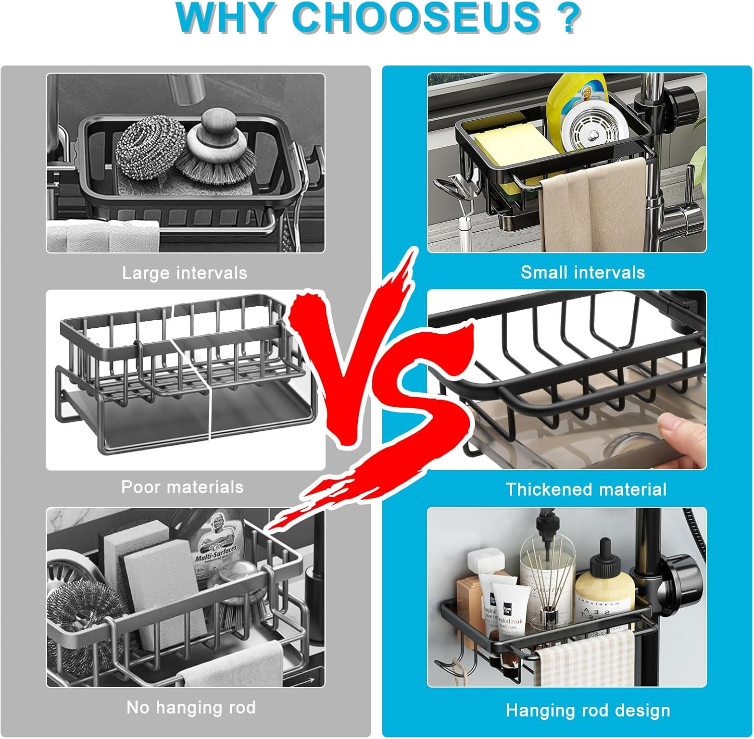 HENGBIRD Kitchen Sink Organiser, Stainless Steel Soap Sink Organiser, Sponge Holder, Towel Holder, Sink Organiser with Hooks for Kitchen and Bathroom, Black image number 6