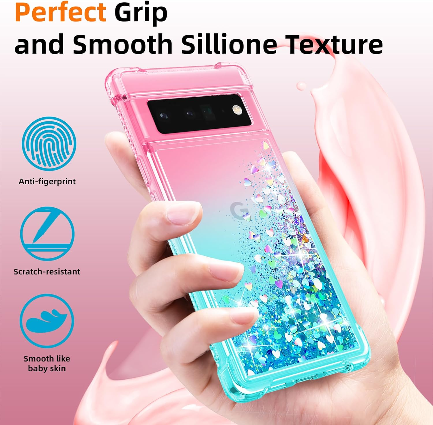 For Pixel 6 Pro Phone Case with Screen Protector*2, Clear Liquid Sparkle Glitter Floating Quicksand Phone Case, Soft TPU Bumper Shockproof Protective, Google 6 Pro Case for Women Girls, Pink/Blue image number 5