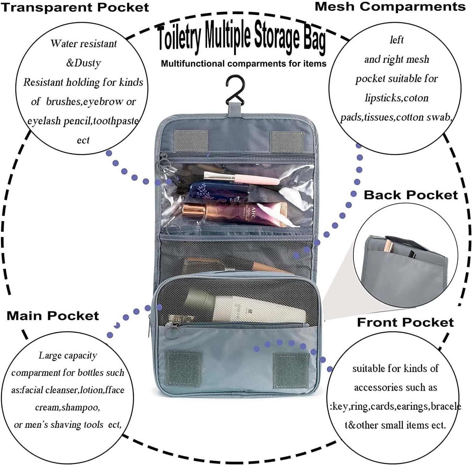 DAWNTREES Grey Hanging Travel Toiletry Bag Cosmetic Make up Organizer for Women and Girls,Travel Accessories,Make up Bag Toiletries Waterproof. image number 6