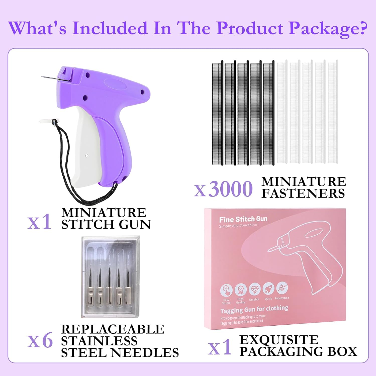 Tagging Gun Kit, Handheld Stitch Fine Stitch Tool Gun Quick Clothing Fixer, Mini Stitch Mending Quilting Gun for Clothes, Includes 5 Replacement Needle, 1500 White & 1500 Black Micro Fasteners (Purple) image number 2