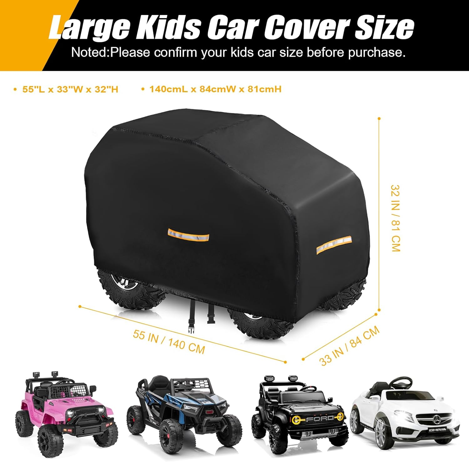 Large Kids Car Cover，Upgraded Power Wheels Covers Waterproof All Weather，Heavy Duty Kids Ride-On Car Cover with Nano Coating,Windproof Buckle and 3 Reflective Strips,Universal Kid Ride-On Accessories image number 3