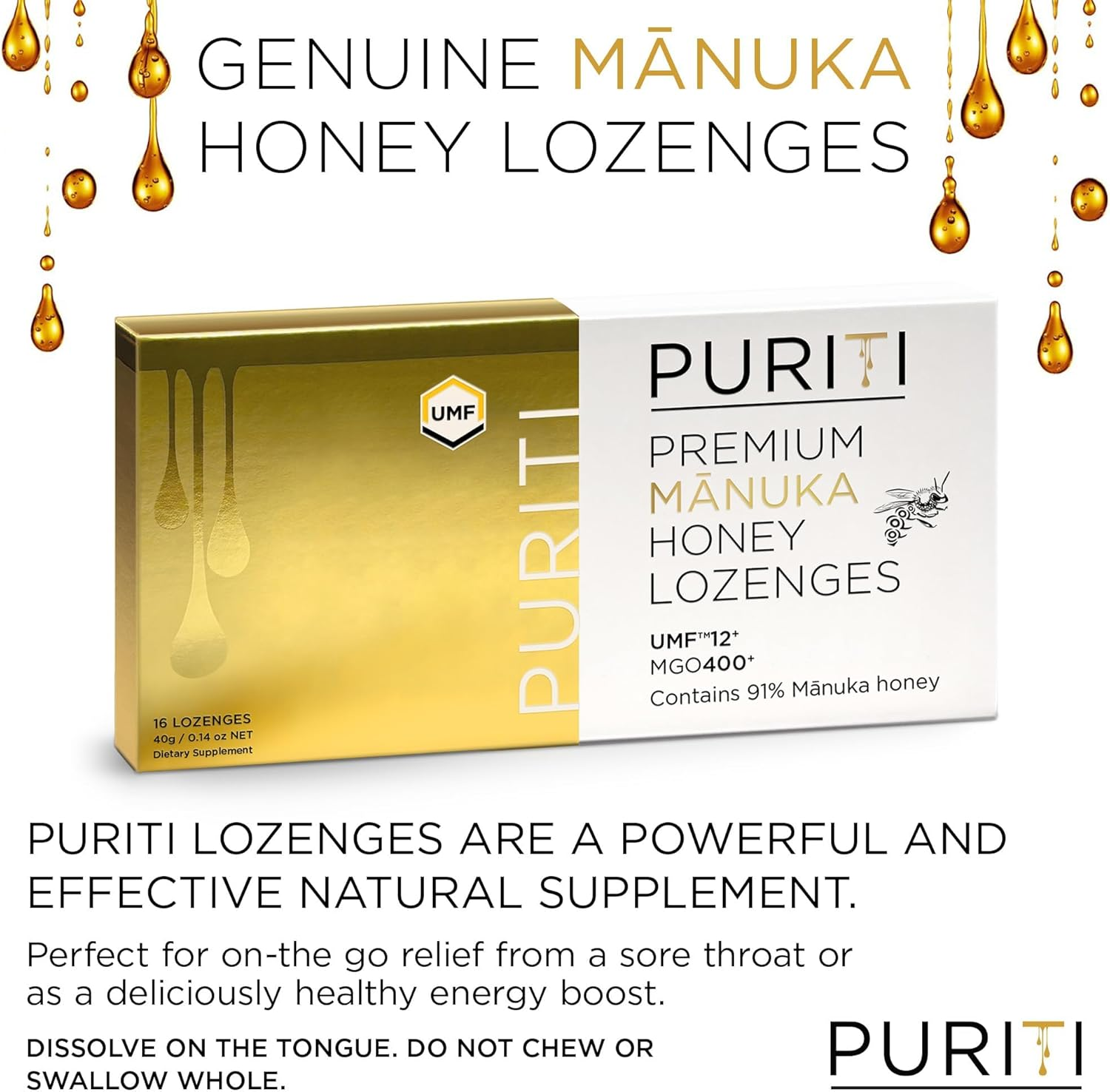PURITI Manuka Honey Lozenges - Premium Throat Soothers for Coughs & Sore Throats - Genuine New Zealand Raw Manuka Honey Flavor - Certified UMF12+ MGO 400+ (16 Pack) image number 4