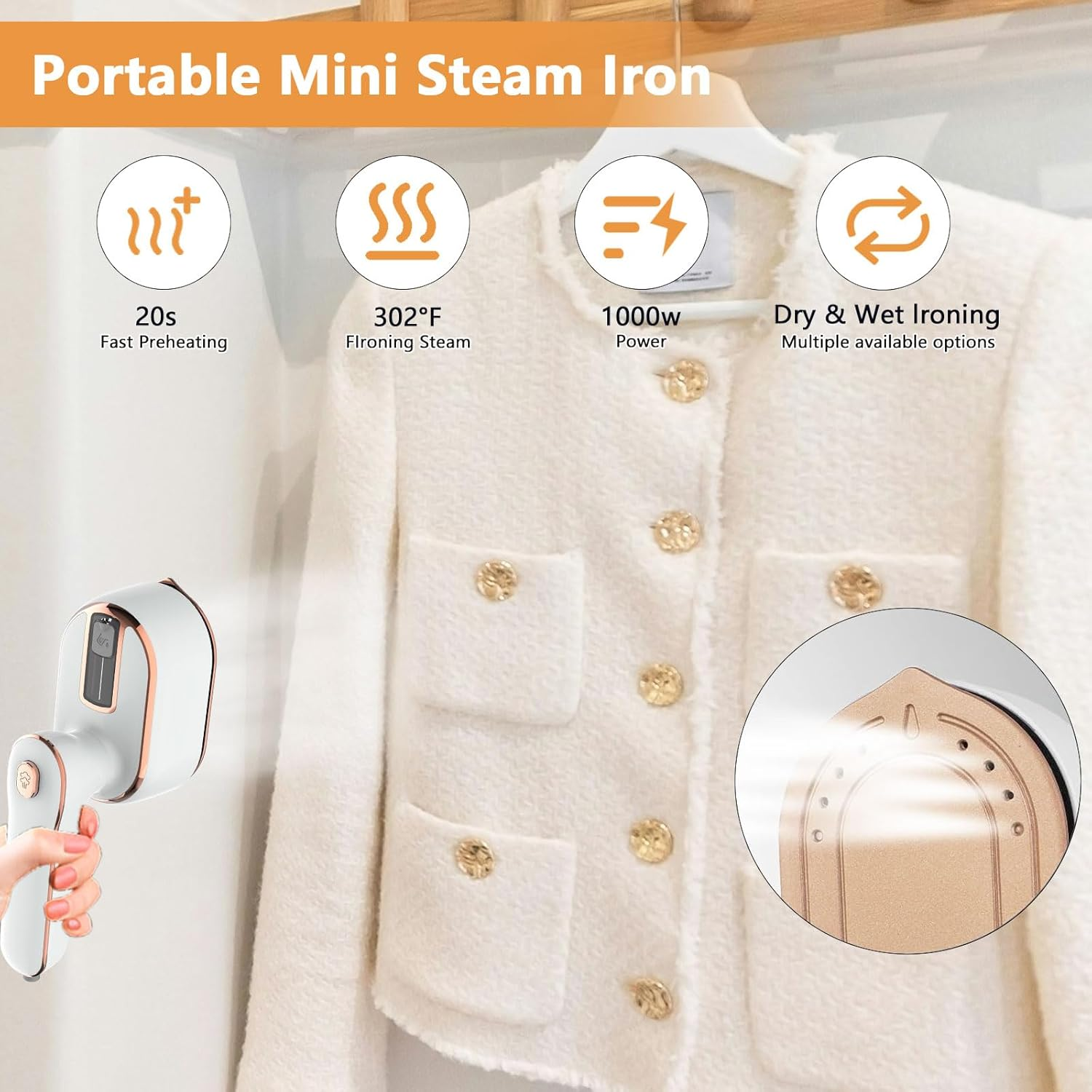 Travel Mini Steam Iron for Clothes Travel Size Steamer for Clothes Portable Mini Travel Steam Iron for Clothes Portable Iron Steamer Portable Steam Iron Handheld Iron Steamer, AU/NZ 3-Pin, 240V, 1000W image number 5