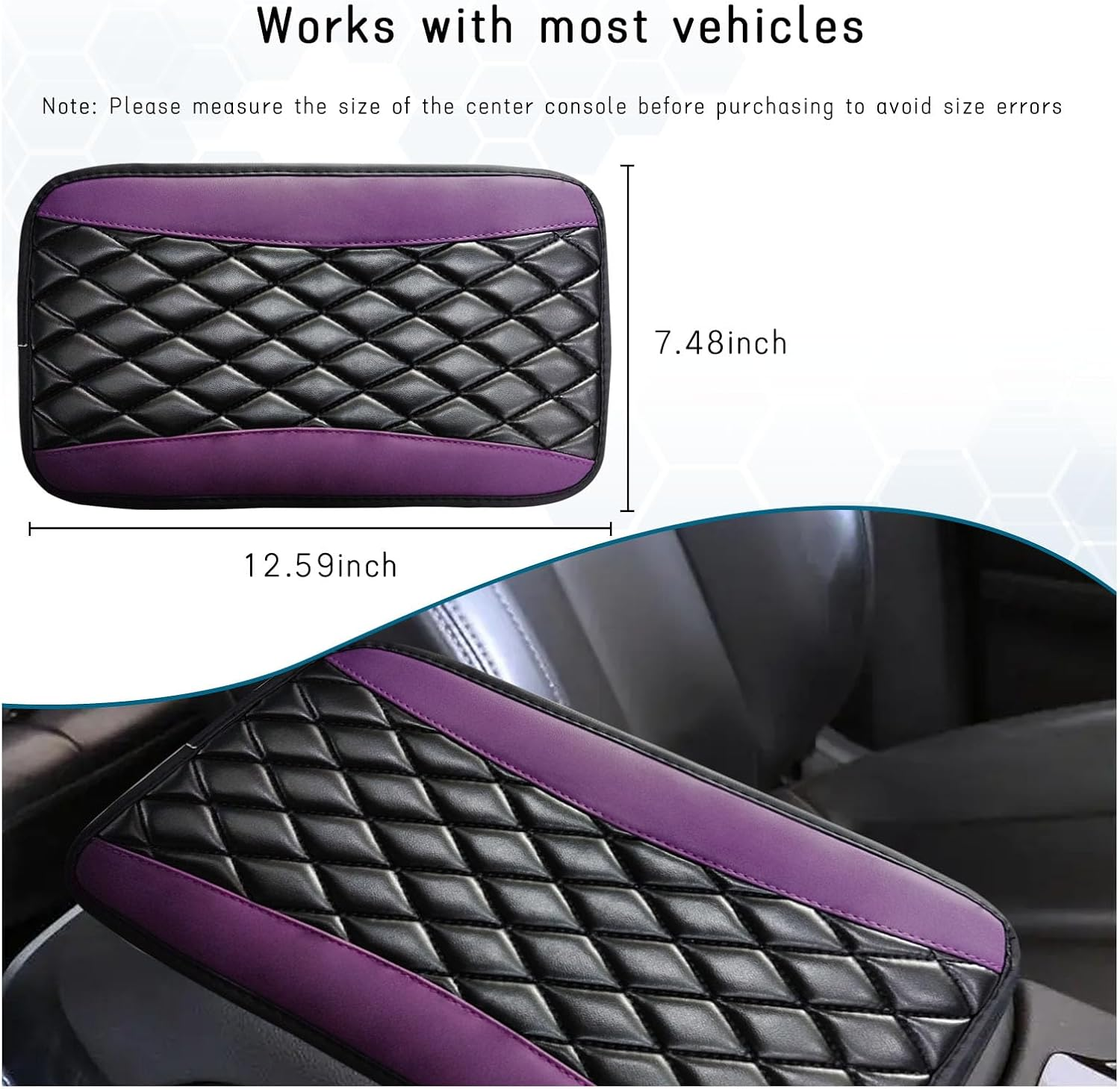 Car Center Console Cushion Pad, Universal Leather Waterproof Armrest Seat Box Cover, Comfortable Auto Armrest Cover Protector, Car Interior Decor Accessories for Most Vehicles (Purple)