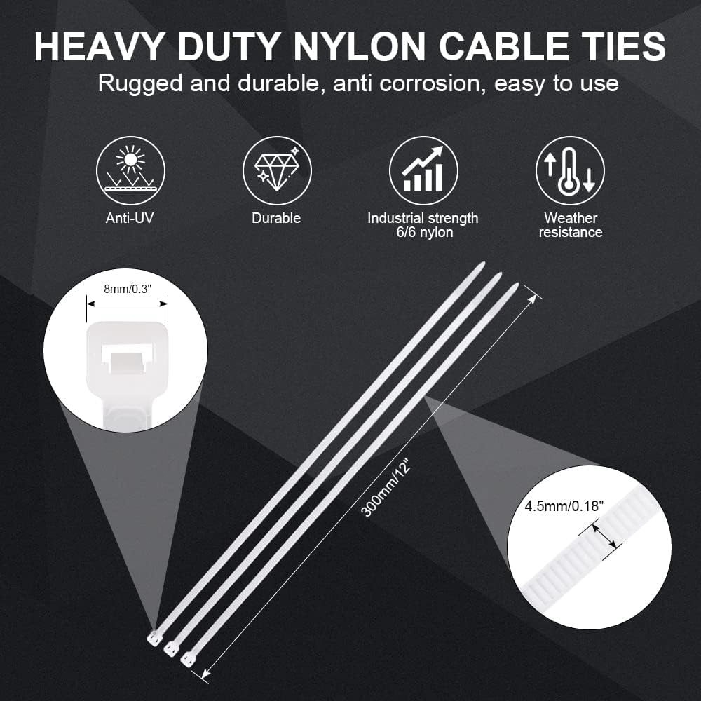 12 Inch Zip Cable Ties (100 Pieces), Self-Locking Premium Nylon Cable Wire Ties,Heavy Duty White, for Indoor and Outdoor by Boacua image number 1