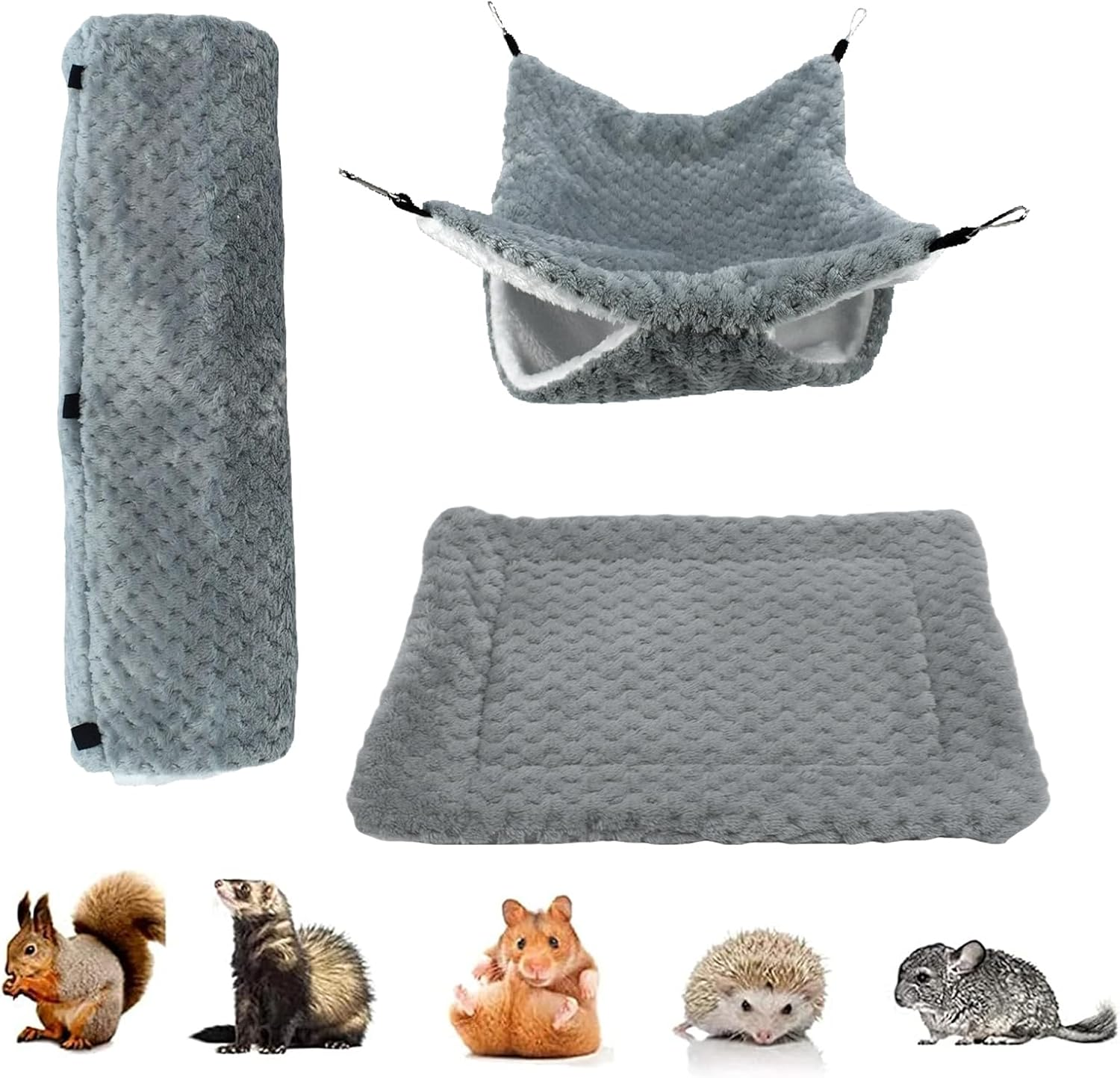 Small Pet Cage Accessory Set - Hammock, Tunnel, Mat, Hanging Guinea Pig Bed, Small Animals Tunnel Toy, for Sugar Glider Ferret Cage Sleeping Resting Hiding Playing Climbing Winter