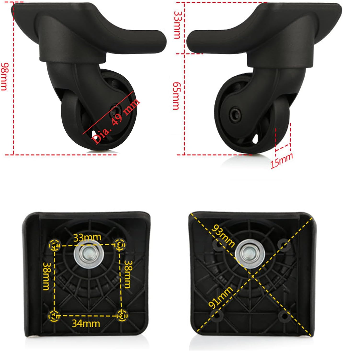 Replacement Luggage Wheels for Suitcases Repair, Set of 4, Luggage Spinner Wheel Replacement Repair Casters for Travel Customs Trolley Bag, TR149R - 4 Pcs, One Size, Non-Universal, Tr149R image number 4