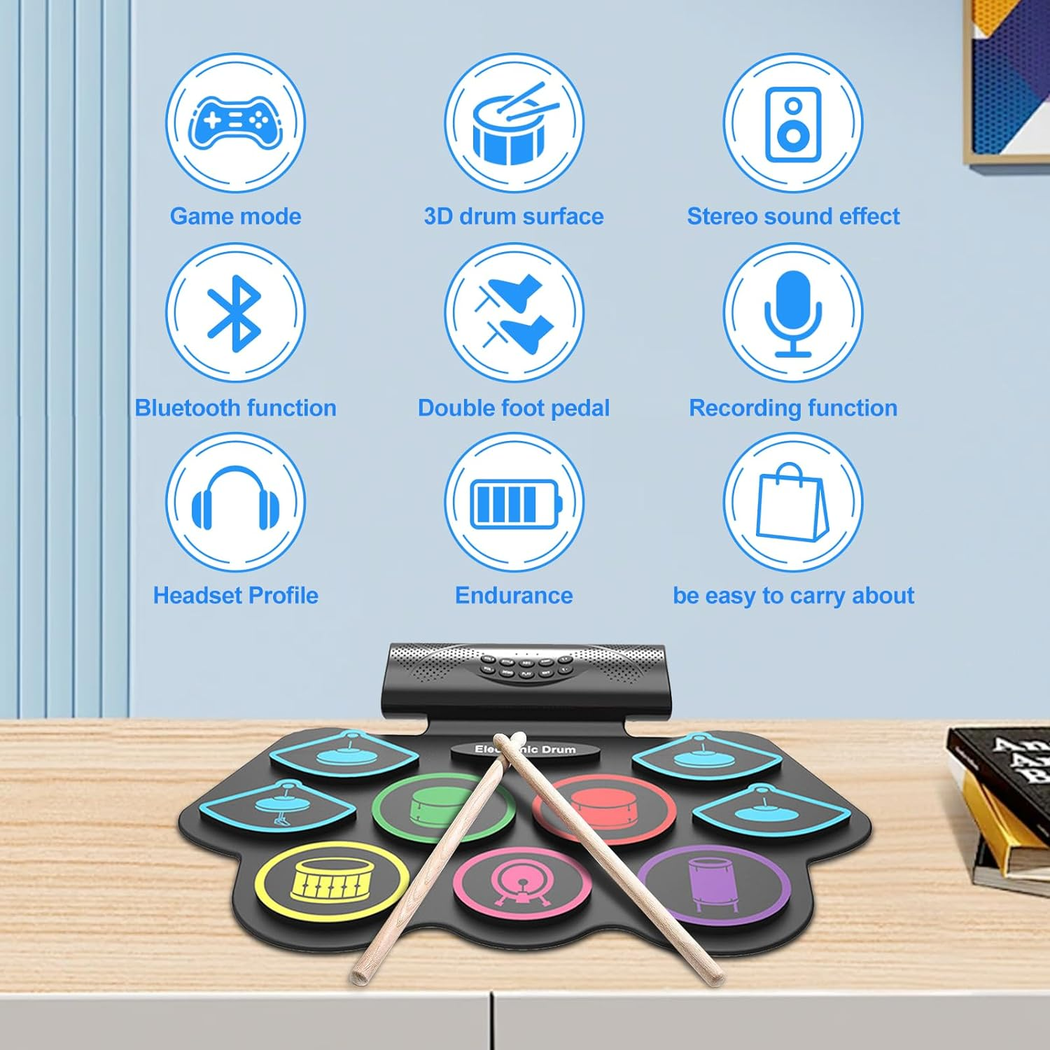 Electronic Drum Set,9 Practice Drum Pads,Roll-Up Drum Kit Machine Built-In Speaker with Drum Pedals and Stick,Great Christmas for Kids image number 5