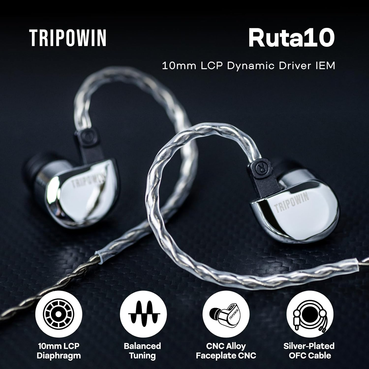 Linsoul Tripowin Ruta10 in Ear Monitor, 10Mm LCP Dynamic Driver IEM Earphones, Hifi Wired Earbuds, with CNC Alloy Shell and Detachable Silverplated Cable for Musician Audiophile (Silver) image number 6