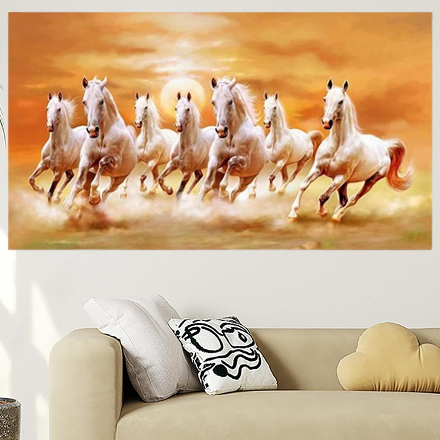 Yuksok Seven Horses Picture Canvas Print 7 Running Horses Painting Wall Decor Ornament Animal Poster Painting Picture for Study Room, L
