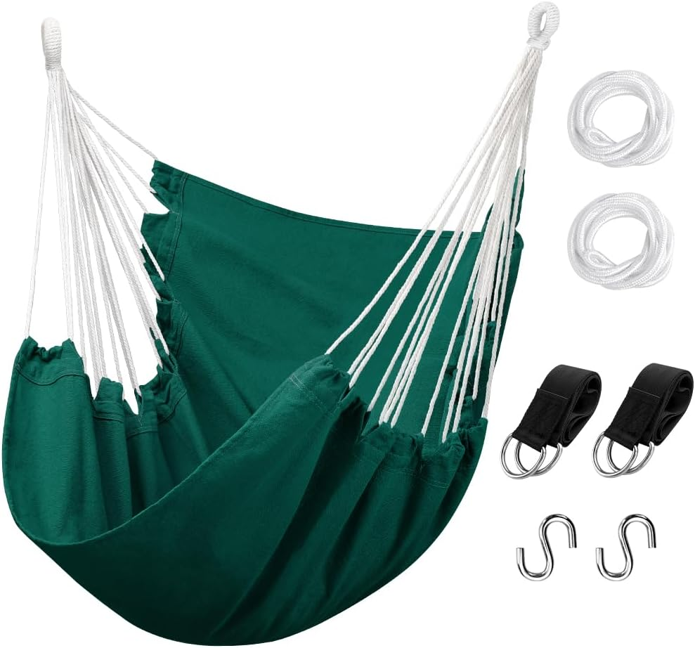 Hommtina Hammock Chair Hanging Rope Swing, Max 300 Lbs Hanging Chair with Pocket & Durability Perfect for Outdoor, Home, Bedroom, Patio, Yard (Pillows NOT Included,Beige)