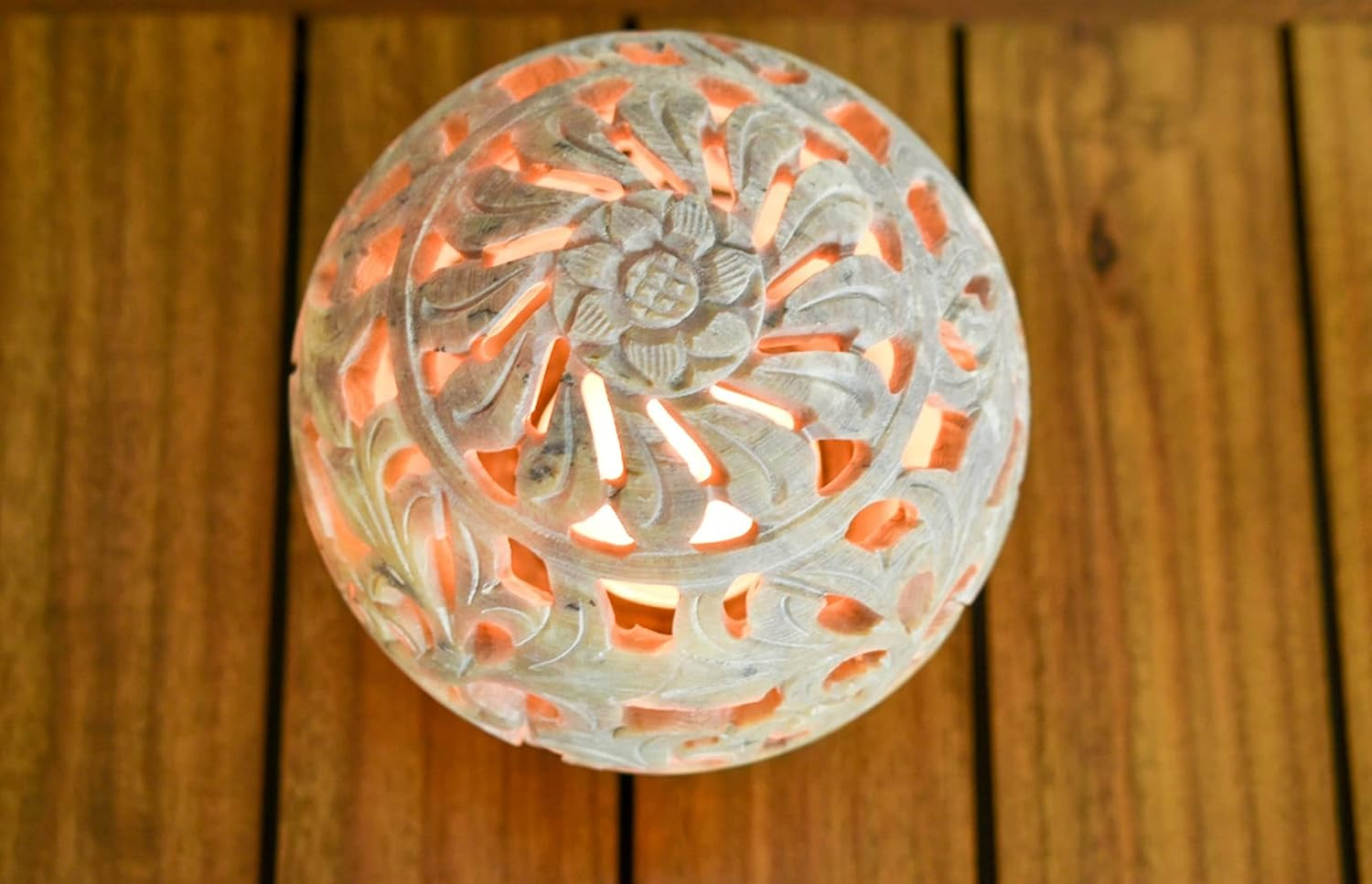 India House Hand-Carved Soapstone Tealight Holder or Incense Burner&ndash; Decorative Rosette Top Votive Candle Lantern for Home, Kitchen, and Office Table Decor &ndash; Ethnic Handmade Accent Token of Love image number 1