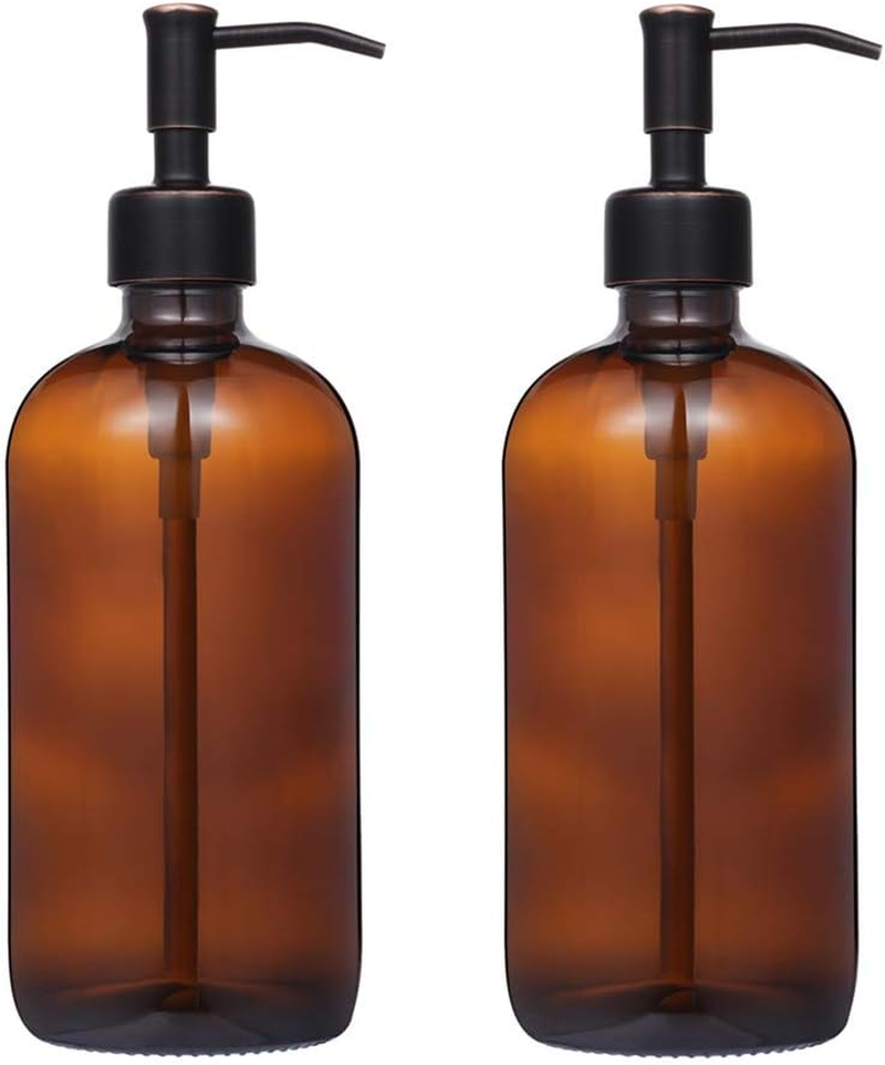 2 Pack Thick Amber Glass Pint Jar Soap Dispenser with Matte Black Stainless Steel Pump, 16Ounce Boston round Bottles Dispenser with Rustproof Pump for Essential Oil, Lotion Soap