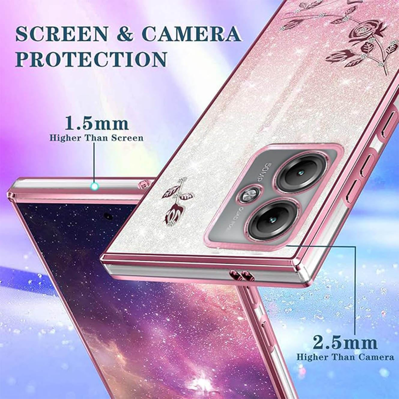 YUECXIN Case for Motorola Moto G55 5G with Shiny Flowers Ring Stand, Cute Bling Women Girls Mobile Phone Case, Ultra Thin Shockproof Soft TPU Silicone Protective Case, Pink