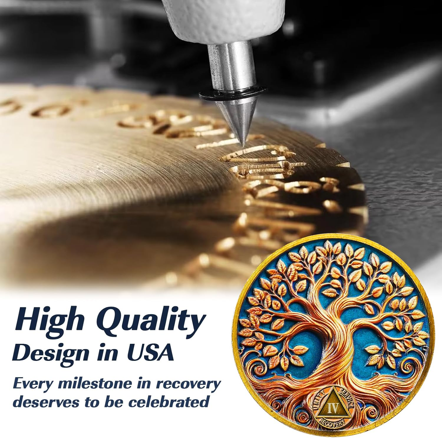 Gold Leaf Tree 4 Year Sobriety Coin， Affirmation NA Coin, Addiction Recovery Four Year Sober Chip, Celebrating Recovery Anniversary Token, Narcotics Anonymous Sobriety Gifts for Men Women image number 2
