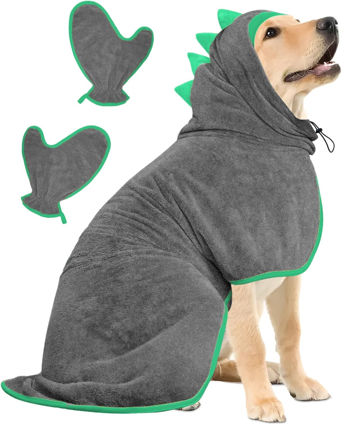 Dog Bathrobe, Quick Drying Microfibre Bath Towel, Bibykivn Adjustable Dog Towel with Velcro Closure, Absorbent Dog Bathrobe with Hat for Large Medium Dogs (S, Green)