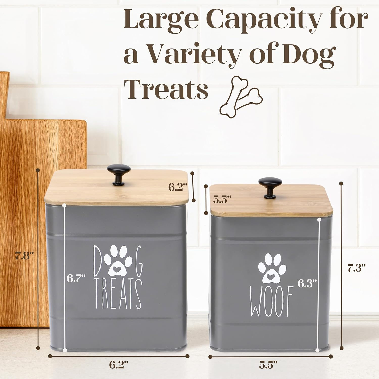 PERFNIQUE Dog Treat Container Set of 2 with Airtight Lid, Dog Cookie Jar for Kitchen Counter, Pet Treat Canister and Storage, 7.8X6.2 & 7.3X5.5 (Grey) - Sage Green image number 4