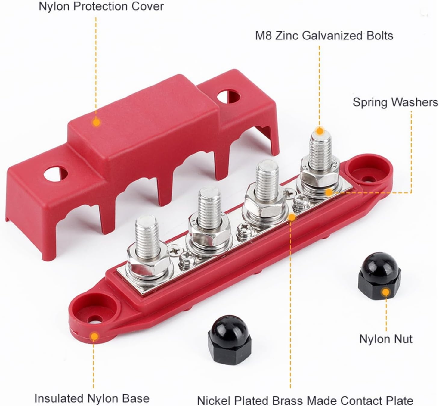 12V-48V Bus Bar Power Distribution Block with 4 M8 Terminal Studs, High Performance Module BUSBAR with Cover for Cars Rvs Ships Yachts (Red & Black) image number 4