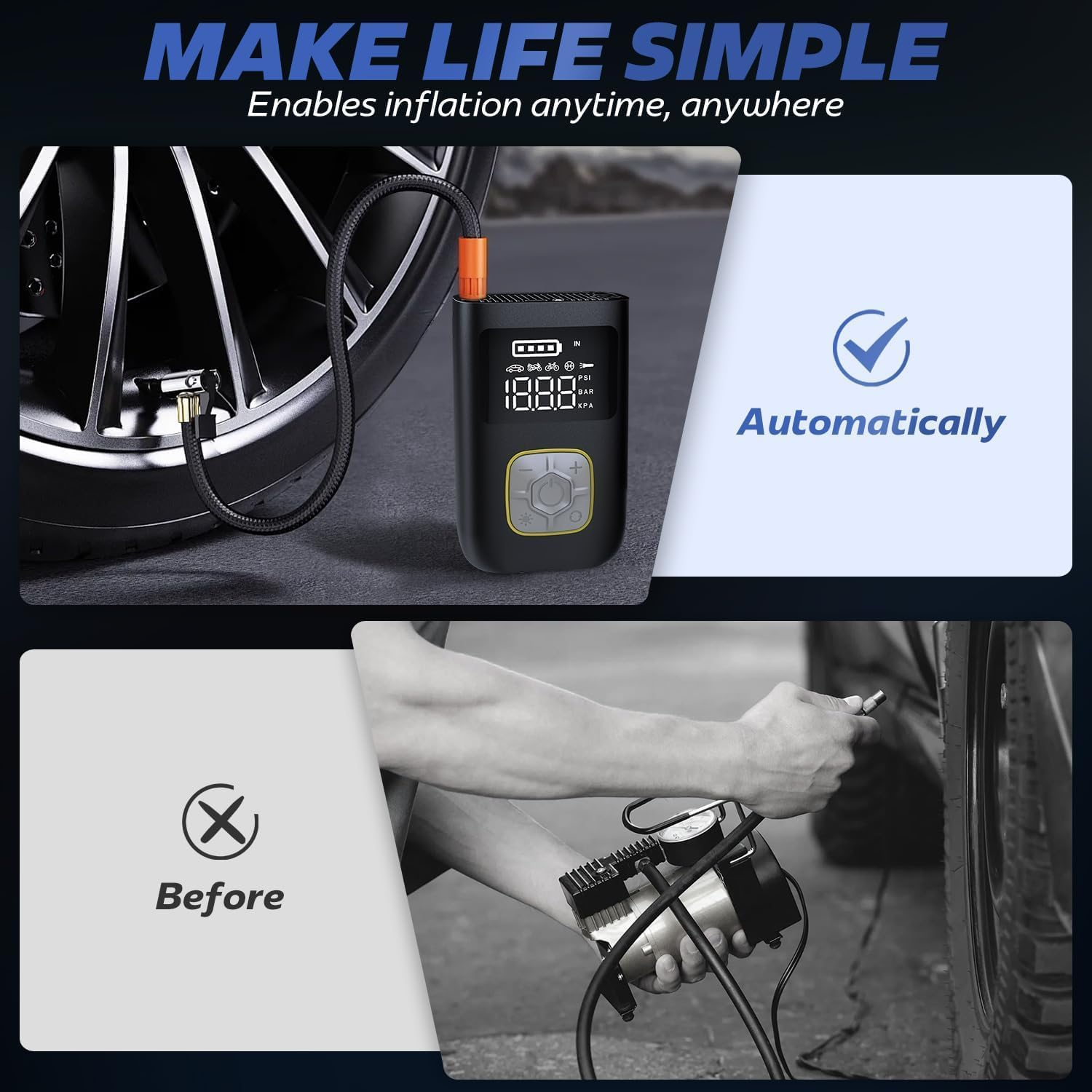 Cordless Tire Inflator Portable Air Compressor, 4000Mah 150PSI Portable Air Compressor Pump with LCD Display, LED Light & Tire Pressure Gauge for Car, Motorcycle, Bike, Ball image number 4