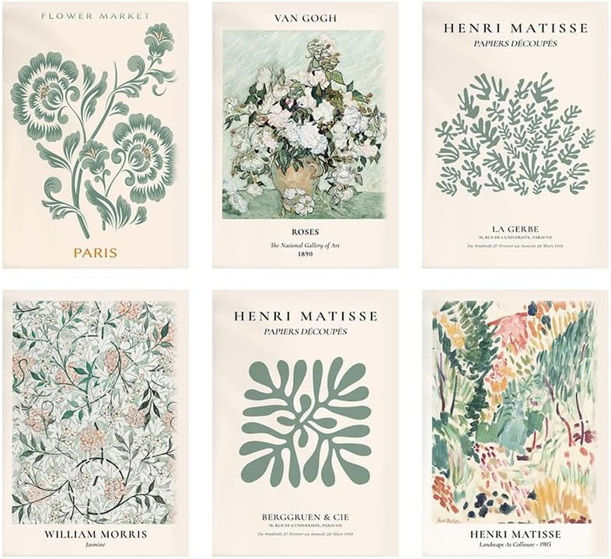 ZIENVE Vintage Matisse Art Poster &ndash; Set of 6 Abstract Sage Green Boho Wall Decor, Aesthetic Eclectic Prints for Bedroom, Dorm, Home & Office, 20 X 25Cm Unframed image number 1