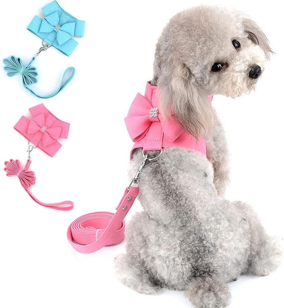 SELMAI Small Pet Dog Cat Bling Rhinestone Harness and Leash Set Bowknot Soft Ultra Suede Leather, Adjustable/No Pull Pink M image number 6