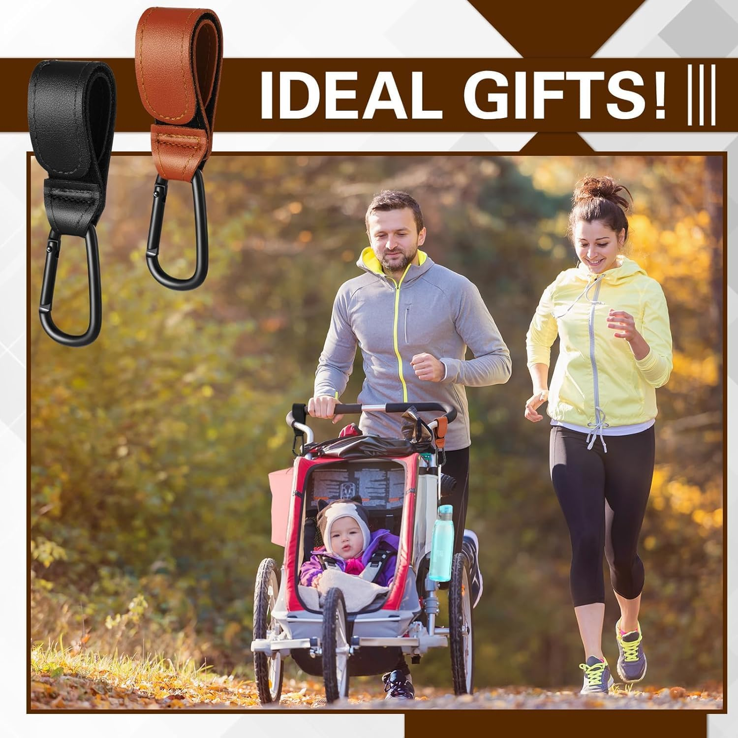 Leather Stroller Hooks Premium Buggy Clips with Carabiner Design Easy-Attach Pushchair Clips for Diaper Bags, Groceries and More Universal, Heavy-Duty, No-Slip Stroller Accessories image number 6