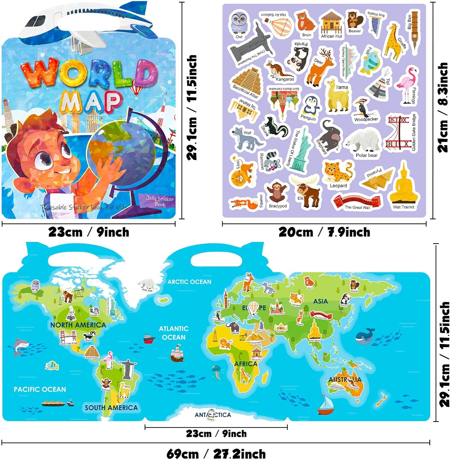 Reusable Sticker Book for Kids,37Pcs Stickers World Map Landmark Activity Education Learning Toys Books for Toddlers Girls Boys Age 3+ Birthday Gifts. (World Map) image number 4