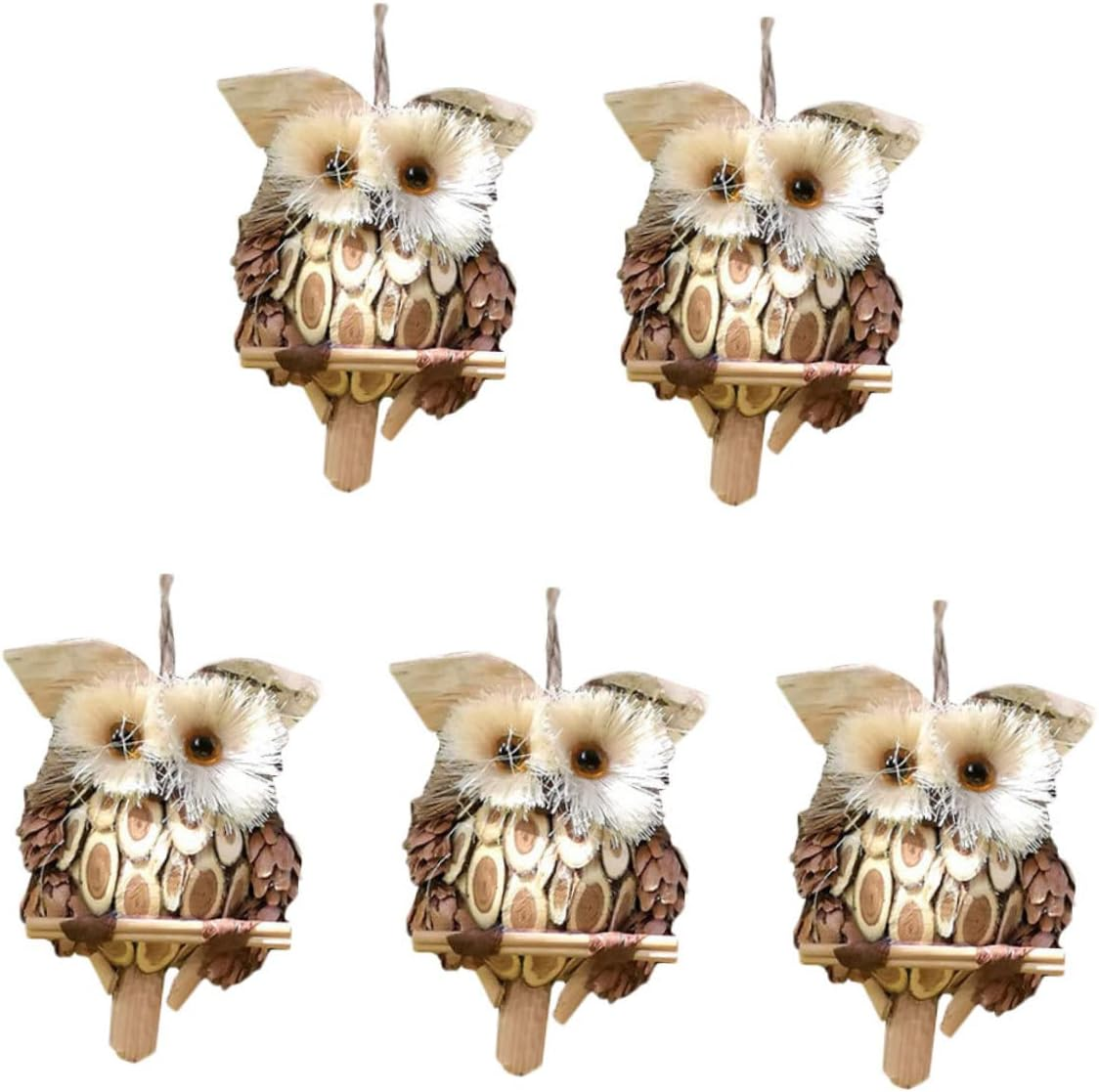 Yardwe 5Pcs Owl Pendant Christmas Decorations Ornament Log Bark Craft Wall Decor Mini Figurine Outdoor Wall Art Rustic Scene Elk Squirrel Hanging Decor image number 3