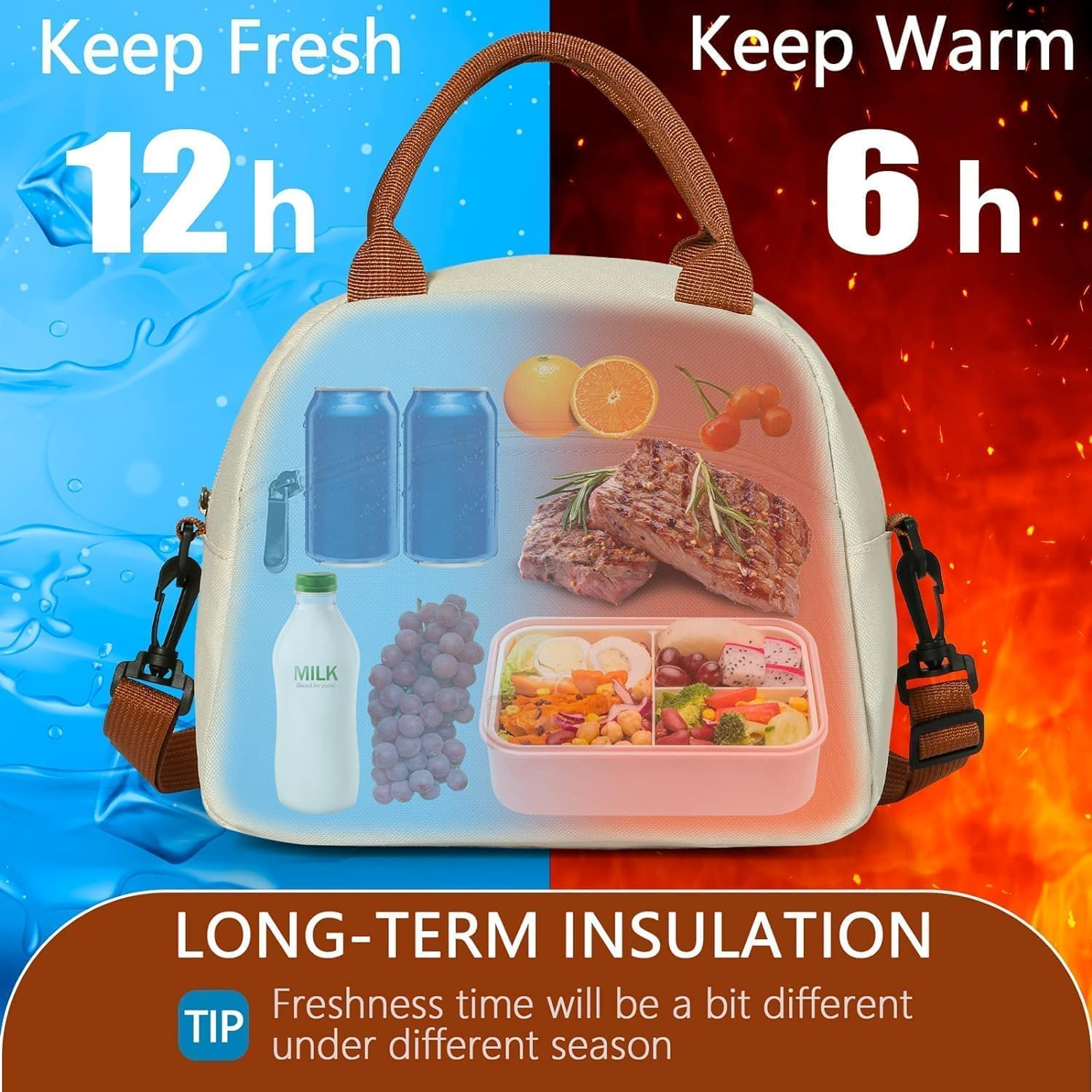Lunch Bag Lunch Box for Women Men Insulated Waterproof Insulated Portable Reusable Bag for Lunch,Leakproof with Adjustable Straps Can Be Used for Work,Picnic - Off-White image number 6