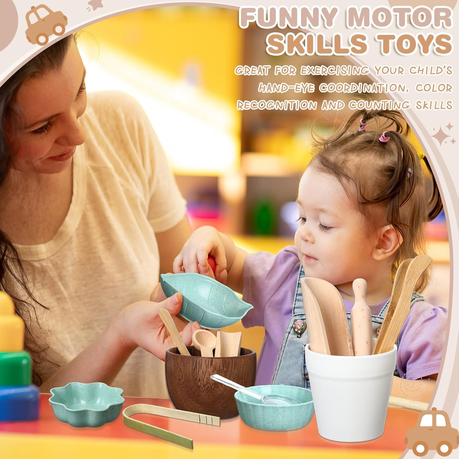 Tiangrid 14Pcs Sensory Bin Tool Sensory Tools for Boys and Girls Sensory Bin Toys Wooden Tong Spoons Bowls Plate Hammer Magnifying Glass and Rolling Pin for Transfer Work and Fine Motor Learning image number 4