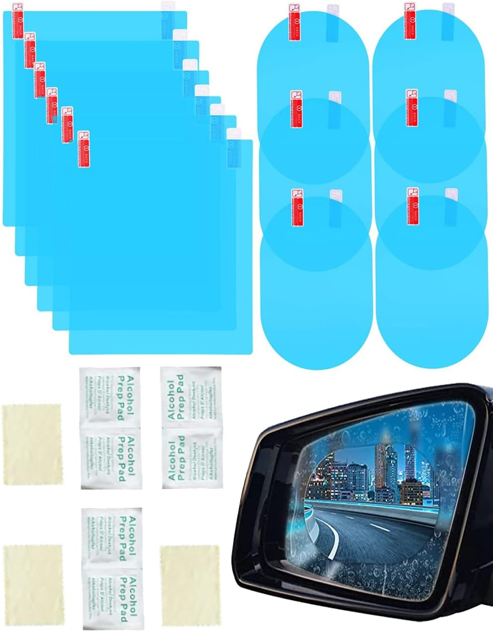 12PCS Universal Car Rearview Mirror Protective Film Sticker + Clean Accessories, Car Rearview Mirror Anti-Fog Rainproof Film Set, Anti-Scratch Clear Nano Coated Protective Sticker (6+6) image number 6