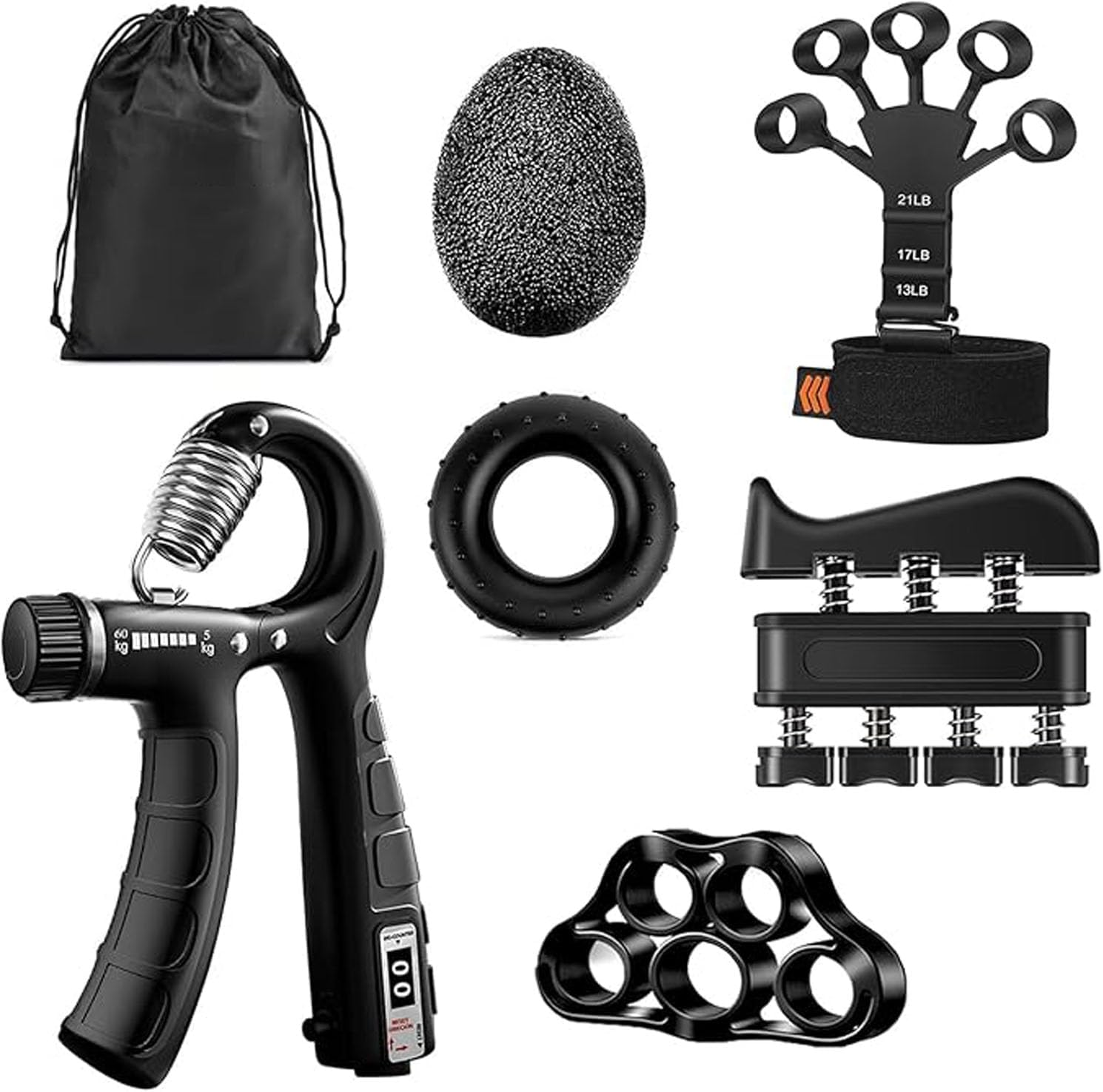 Shengsenfu Adjustable Hand Grip Strengthener Kit 7Piece Grip Strength Trainer Set Forearm Training Finger Flexibility Stress Relief Includes Finger Exerciser Stretcher Grip Ring Stress Ball Carry Bag image number 2