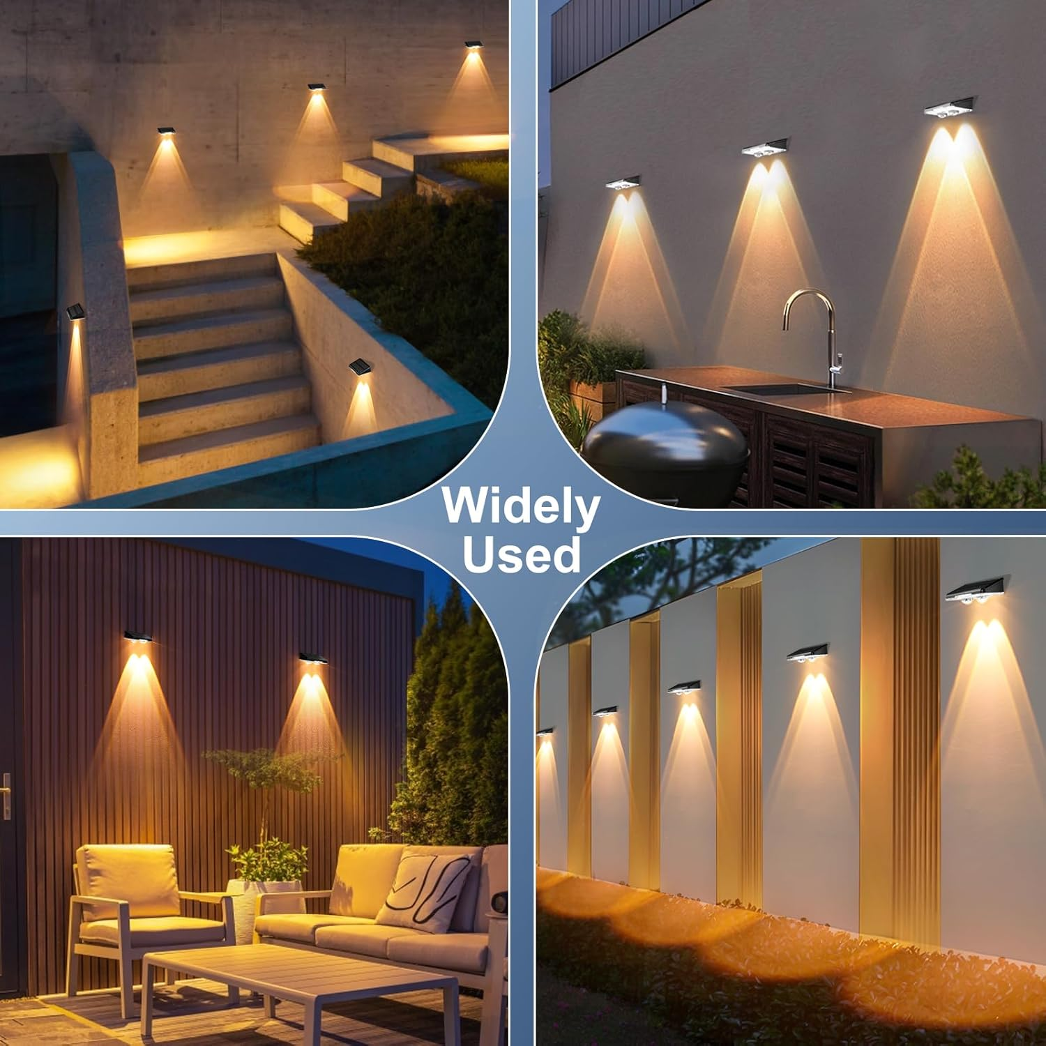 Quntis Outdoor Solar Wall Lights, 4 Pack Solar Fence Lights Warm White & 11 RGB Modes IP64 Waterproof Wireless Stick on Wall Lamps for outside Garden Front Door Deck Stair Yard Railing Patio D&eacute;cor image number 4