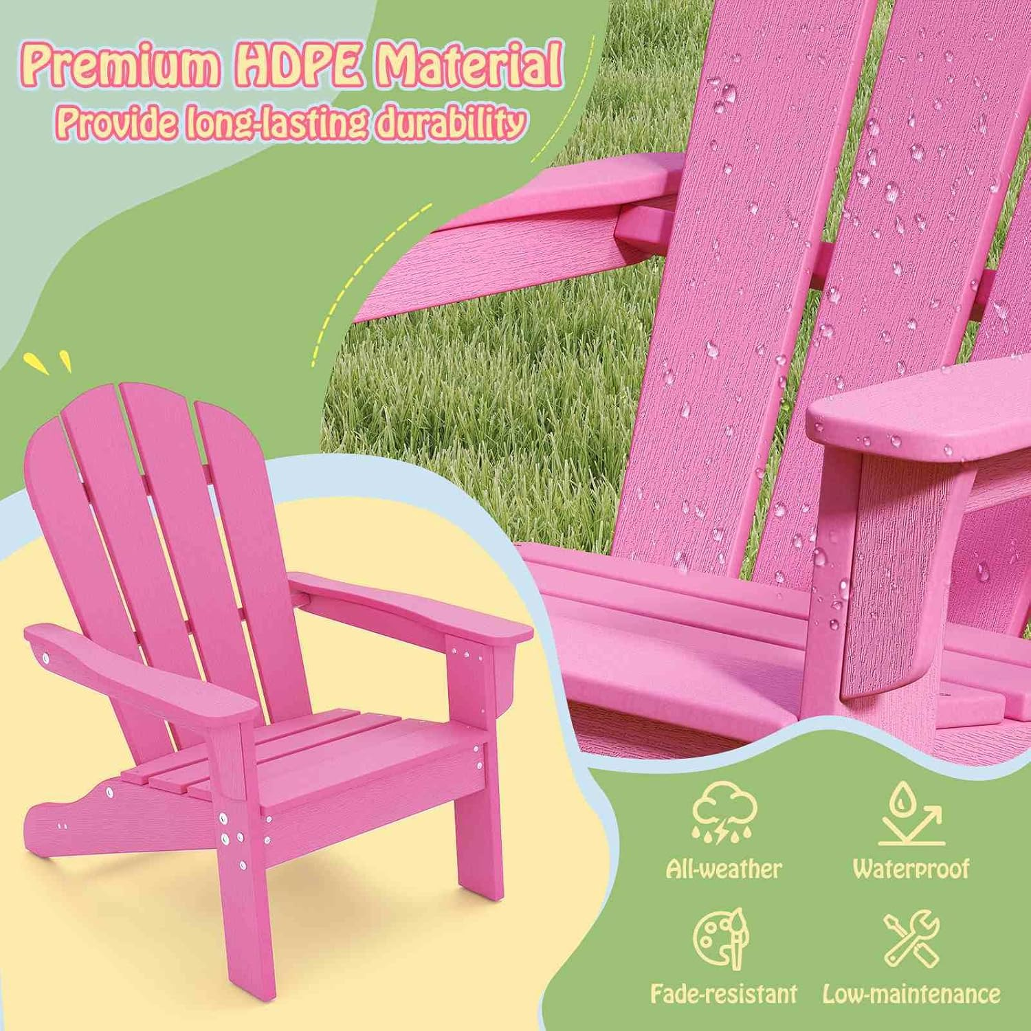 Costway Kid'S Adirondack Chair, All-Weather HDPE Toddler Lawn Chair with Ergonomic Design, Kid'S Outdoor Patio Furniture for Toddlers Boys Girls Ages 3-8 Years Old (Pink) - Brown image number 6