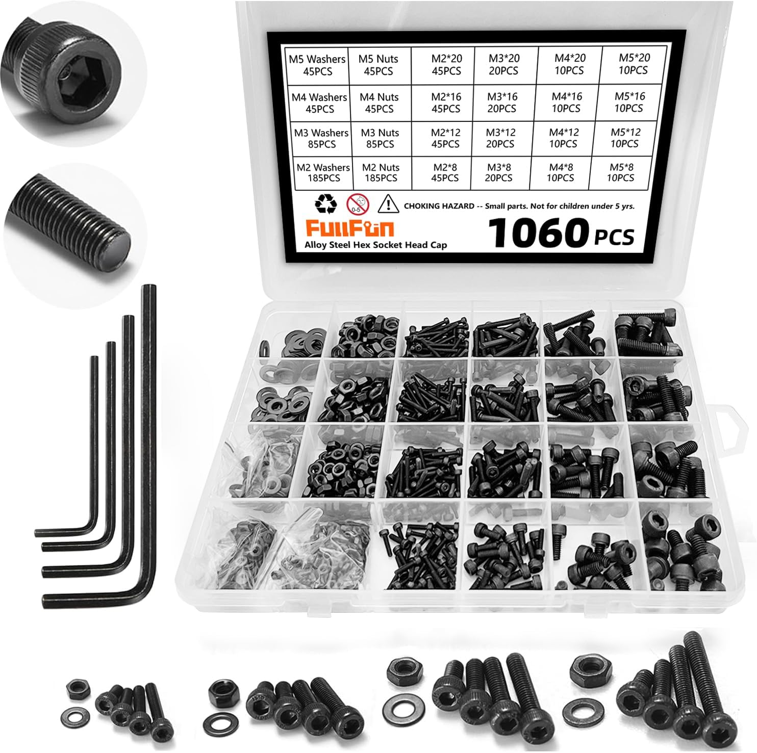 Fullfun 1060PCS M2 M3 M4 M5 Hex Socket Head Cap Screw Bolts Nuts Assortment Kit, 12.9 Grade Alloy Steel Metric Screws with 4PCS Allen Wrenches, Allen Socket Hex Drive Black Machine Screws Set image number 5