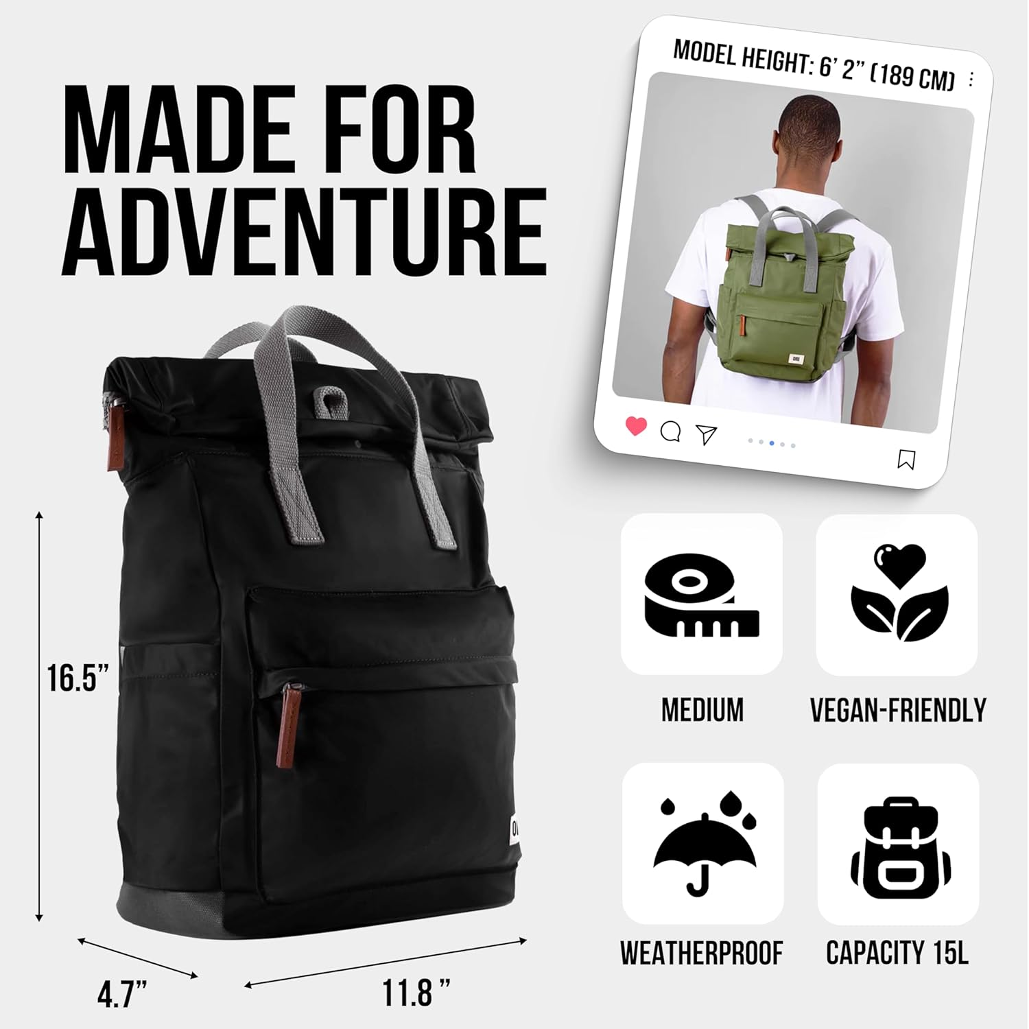 ORI LONDON Rolltop Backpack for Men & Women - Medium Nylon Travel Backpack for Laptop & Accessories - the Canfield image number 3